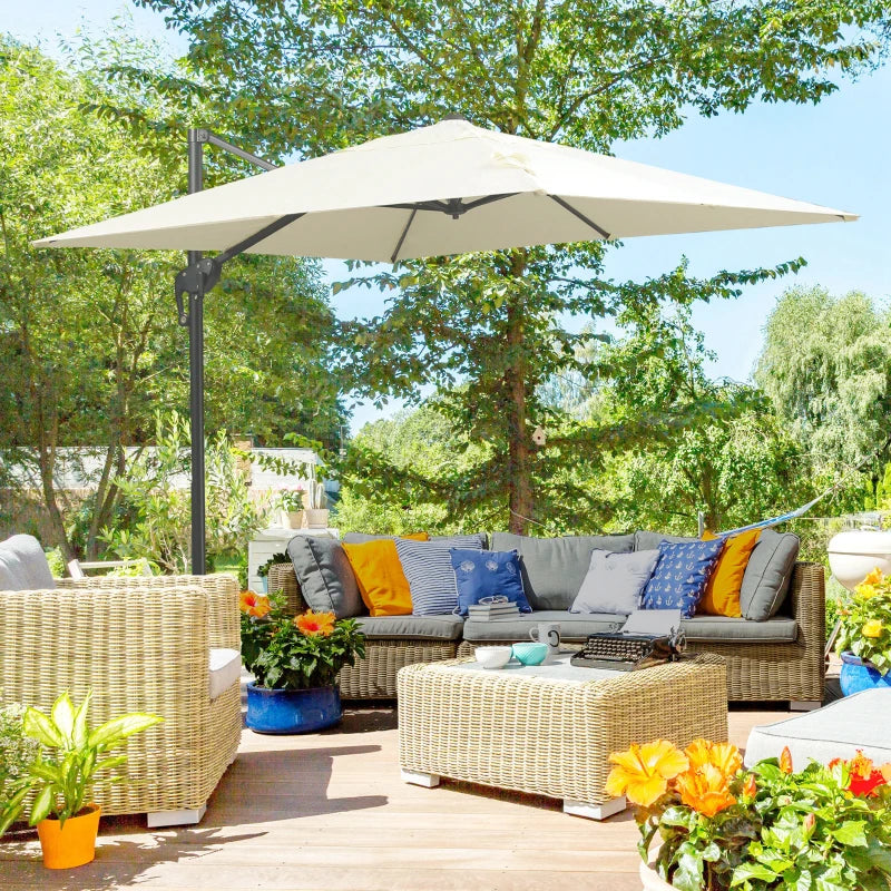 8'x8' Square Patio Hanging Offset Umbrella, Outdoor Cantilever Parasol w/ Cross Base, Cream White