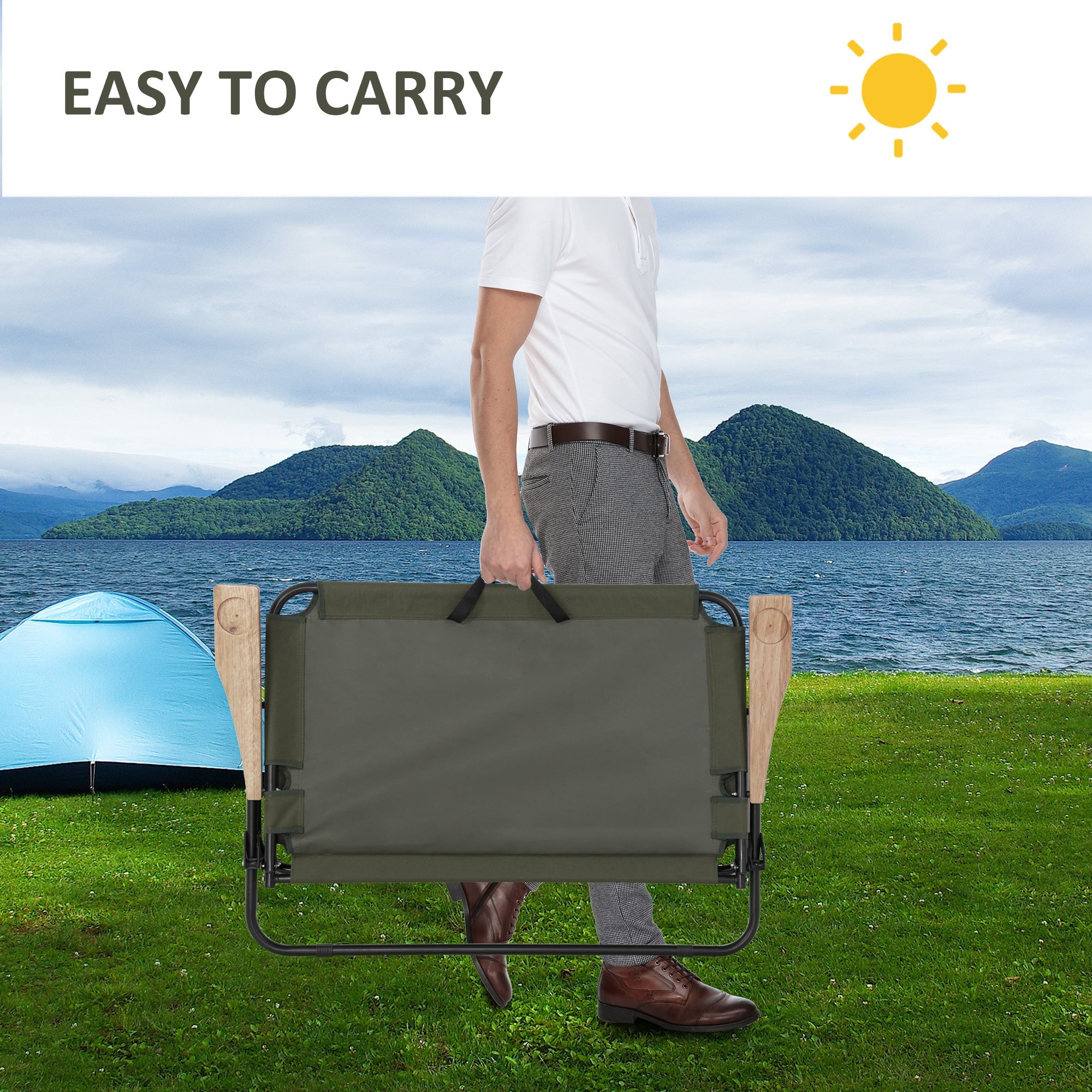 Outsunny Double Folding Loveseat Camping Chair Portable Outdoor 2 Person Wood Armrest Fishing Travel Green 