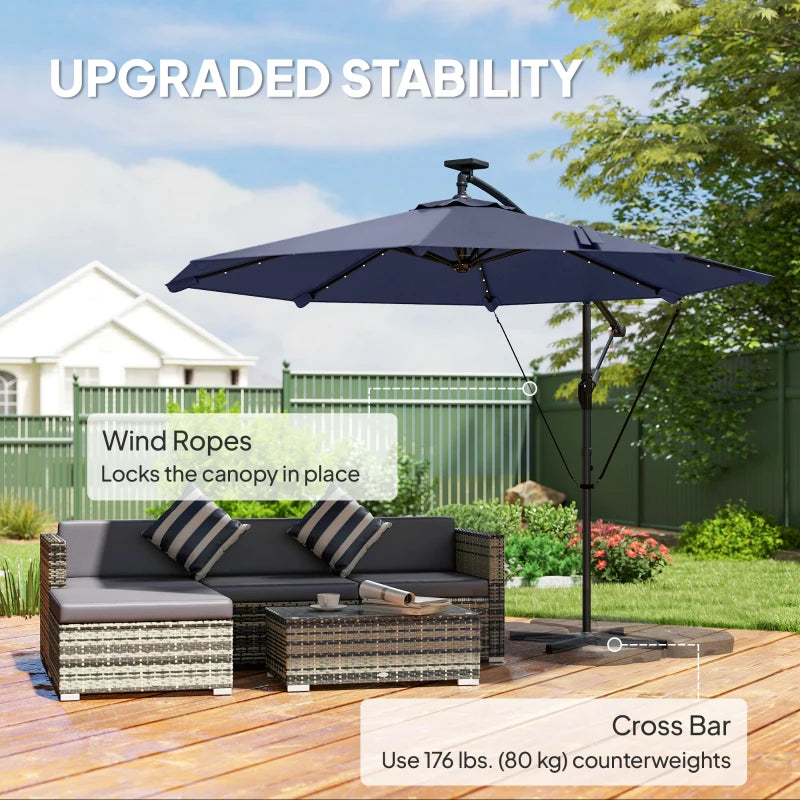 9.7ft Solar LED Cantilever Patio Umbrella with 32 LED Lights, Cross Base, Crank Handle, for Poolside, Deck, Dark Blue