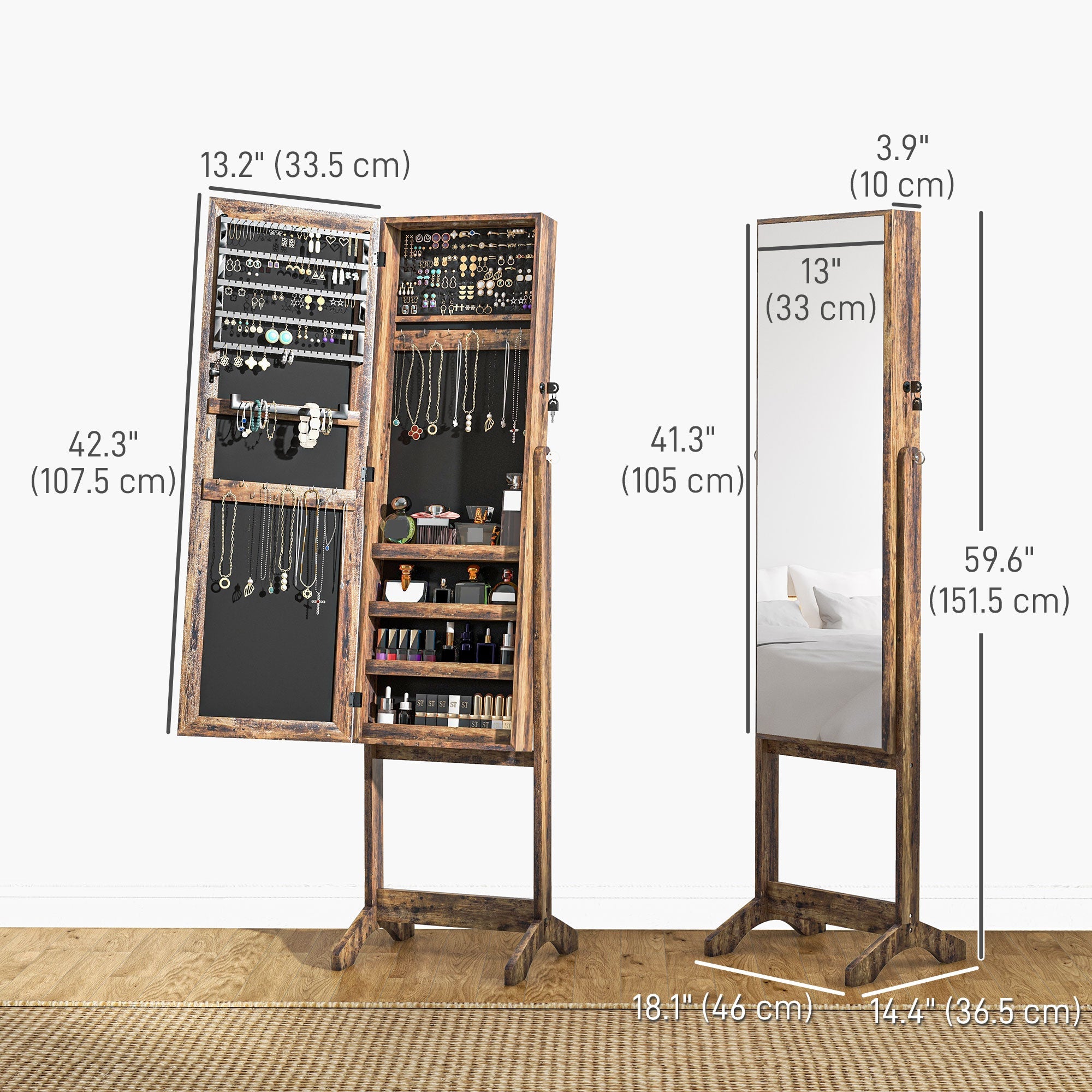 HOMCOM Lockable Jewelry Armoire Full Length Mirror 3 Angle Adjustments Wooden Storage Cabinet Rustic Brown 