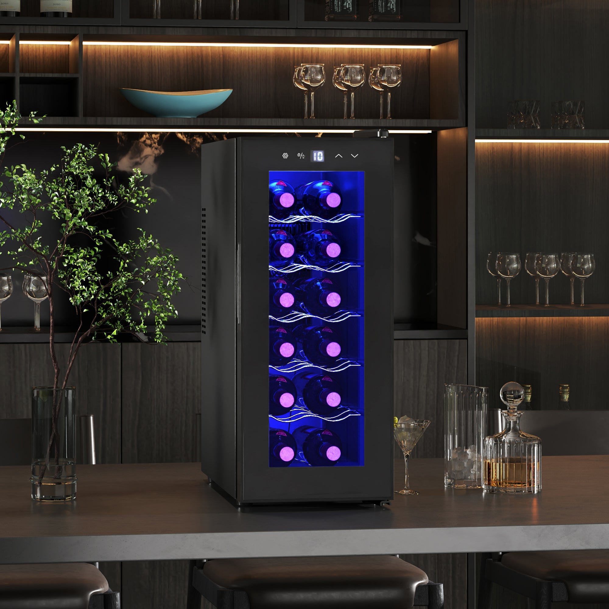 HOMCOM Wine Fridge, 12 Bottle, Under Counter Drinks Beer Wine Cooler with Glass Door, LED Light, Temperature Control 