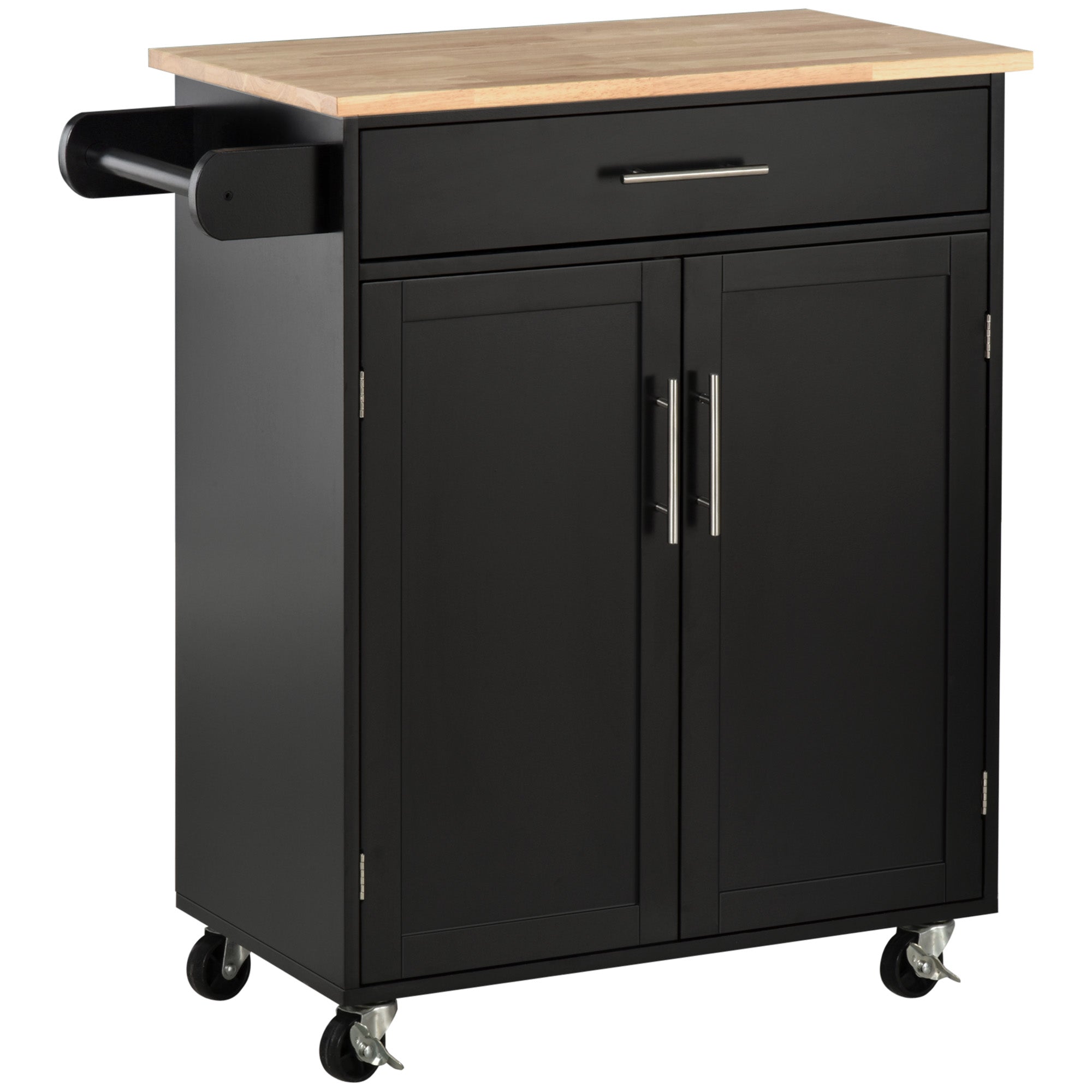 HOMCOM Mobile Culinary Companion: Rolling Kitchen Island Cart with Wood Top, Storage Drawer, Towel Bar, and Shelves 