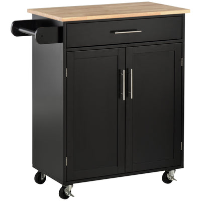 HOMCOM Mobile Culinary Companion: Rolling Kitchen Island Cart with Wood Top, Storage Drawer, Towel Bar, and Shelves 