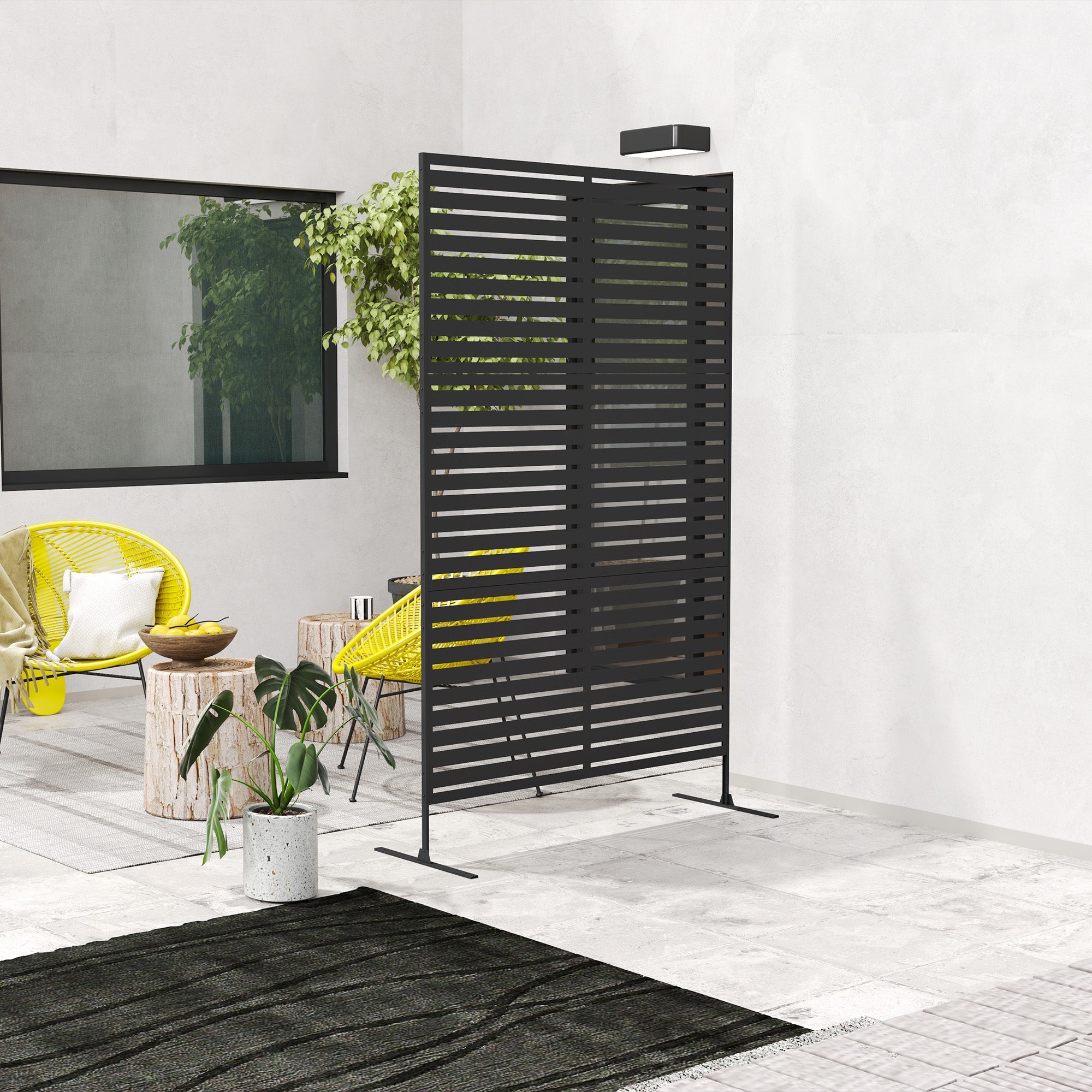 Outsunny Decorative Outdoor Privacy Panel, Freestanding Metal Outdoor Divider with Stand for Garden, Backyard, Deck, Pool, Black 