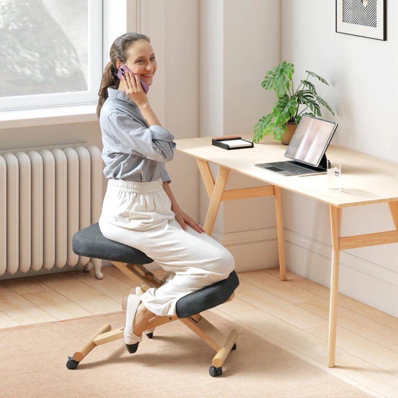 Ergonomic Kneeling Chair, Posture Chair with Rubberwood Frame, Wheels for Office, Posture Correction, Dark Grey