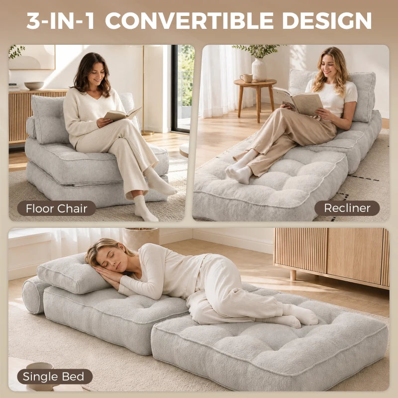 3-in-1 Folding Sofa Bed Chair with Thick Cushion & 2 Pillows – Beige Grey