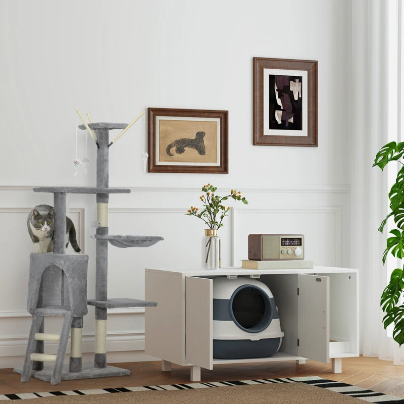 53" Cat Tree Tower, Kitten Activity Centre with Scratching Posts, Condo, Perches, Ladder, Hammock, Dangling Toys, Grey