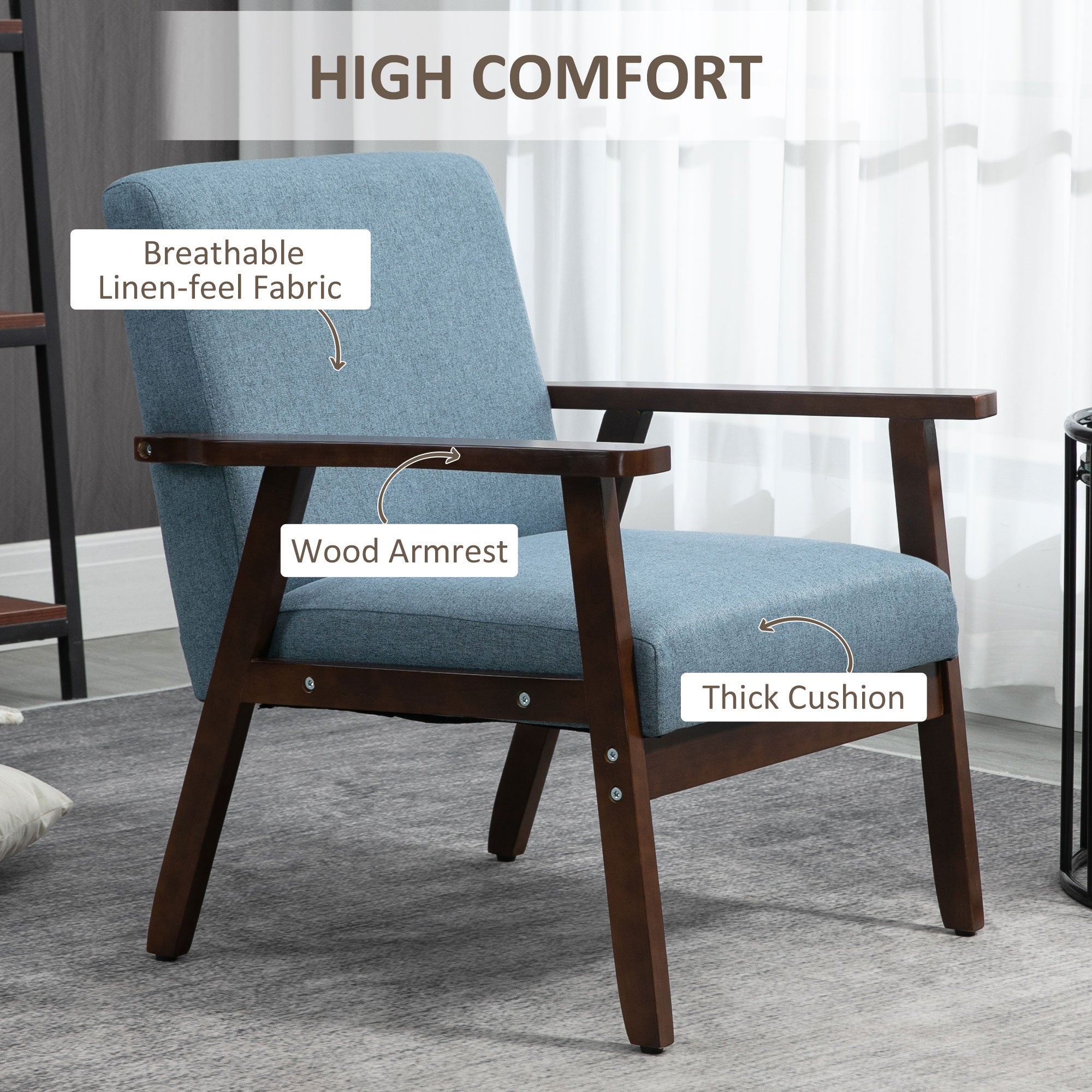 HOMCOM Modern Linen Armchair: Cushioned Seat, Wood Legs, Bedroom/Living Room, Blue 