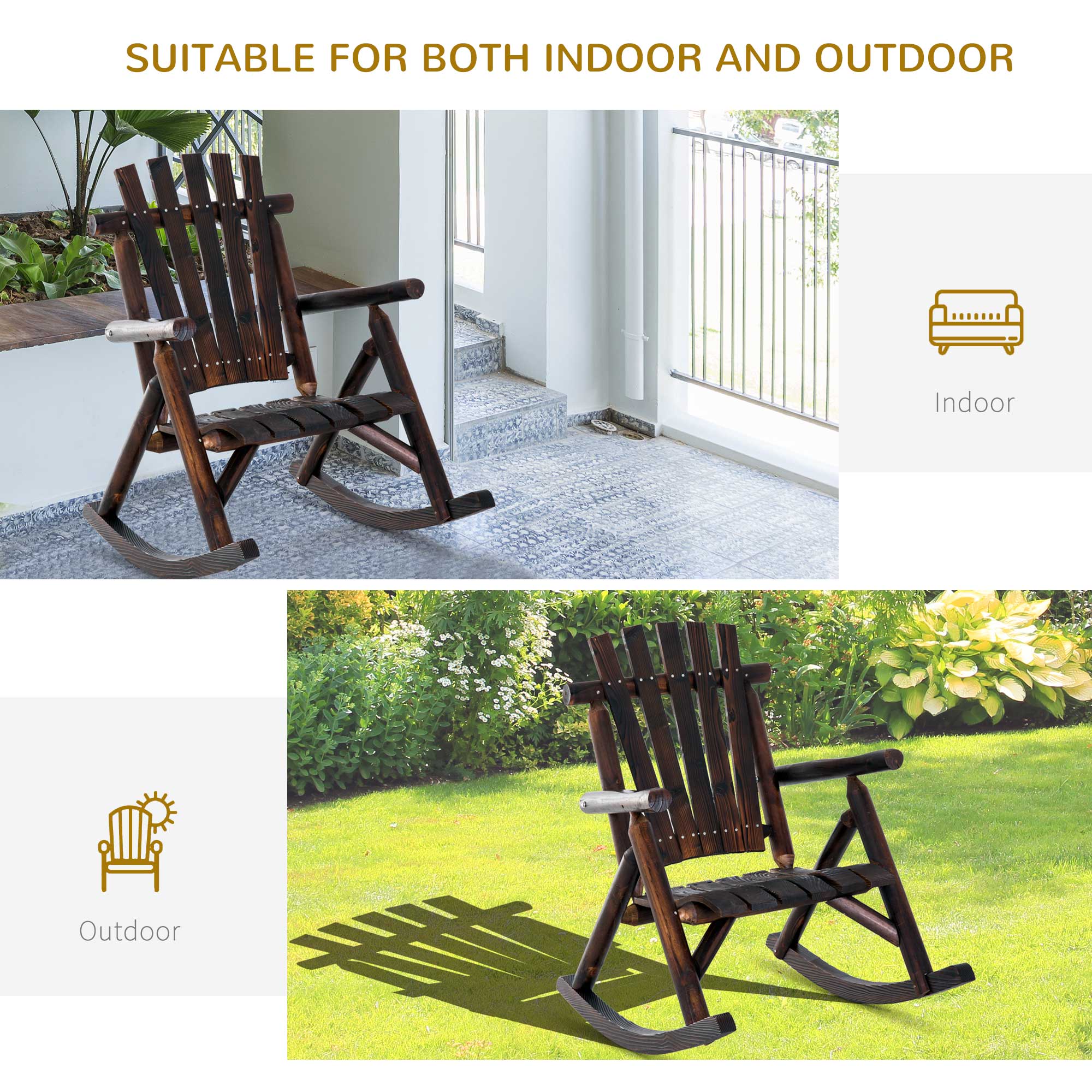 Outsunny Char Log Single Rocker Rustic Outdoor Patio Adirondack Rocking Chair Yard Furniture Fir Wood 
