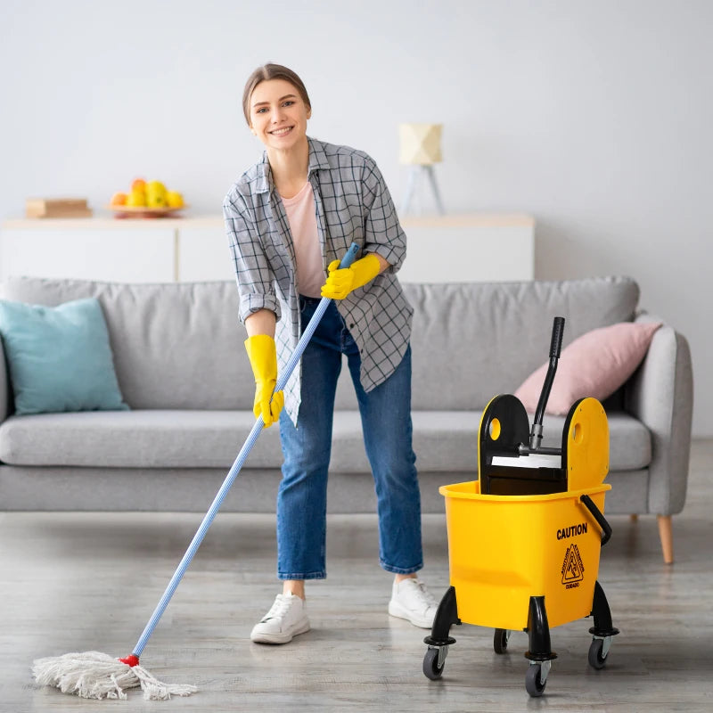 6.9 Gal/26L Mop Bucket, Mop Bucket with Wringer, Wheels and Handle, Yellow