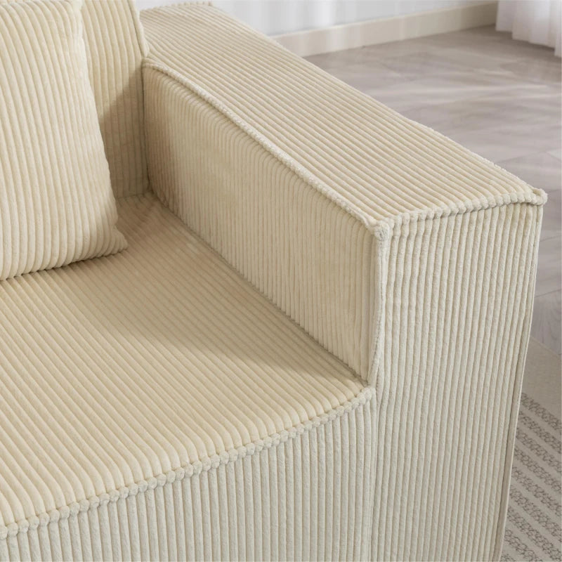 Boneless Couch, Corduroy 3 Seater Sofa with Deep Seat, Wide Armrests, 2 Pillows, Quick Assembly for Living Room, Beige