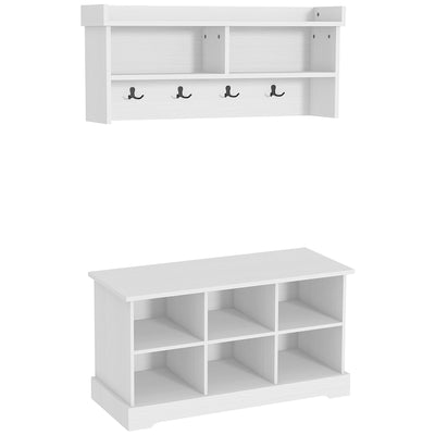 HOMCOM Coat Rack Shoe Bench Set Entryway 8 Cubbies 4 Hooks Hallway Living Room Bedroom White 