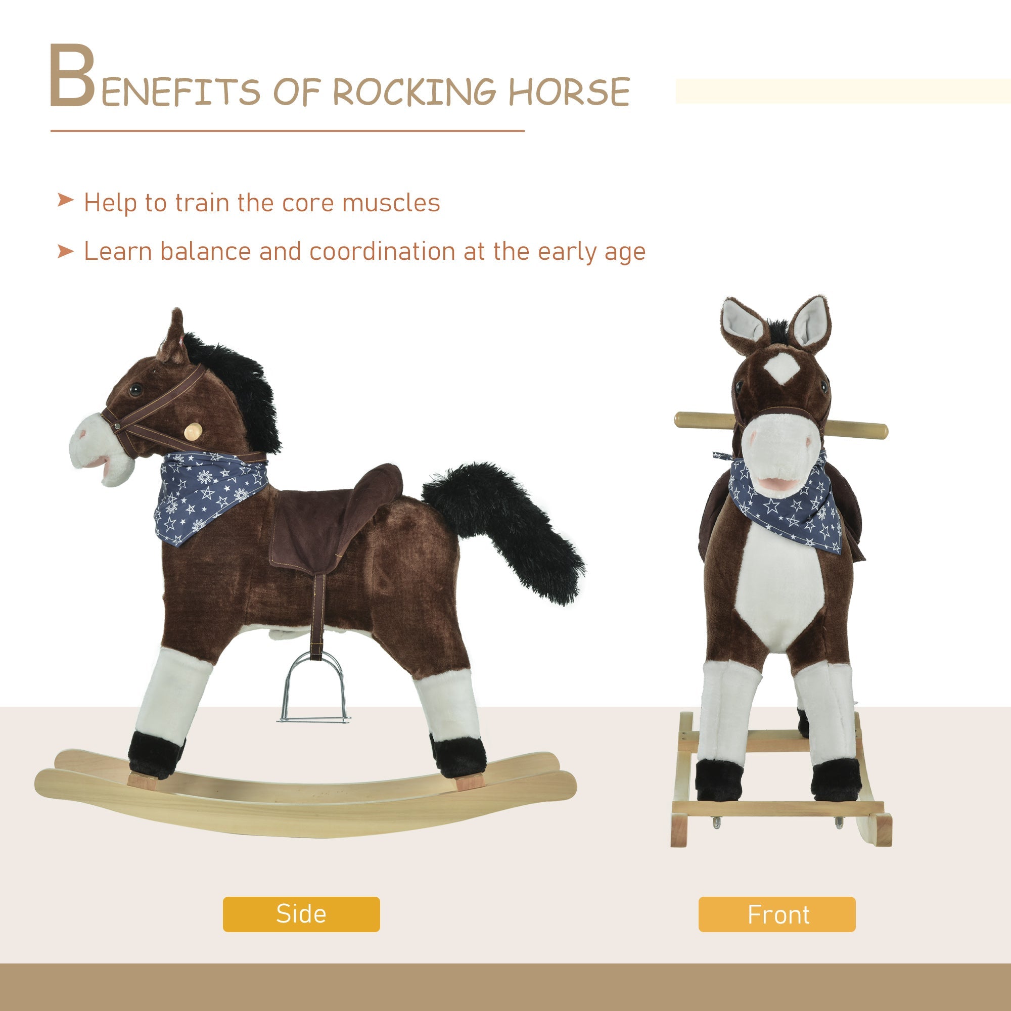 Qaba Kids Plush Ride-On Rocking Horse Toy Cowboy Rocker with Fun Realistic Sounds for Child 3-6 Years Old, Brown 