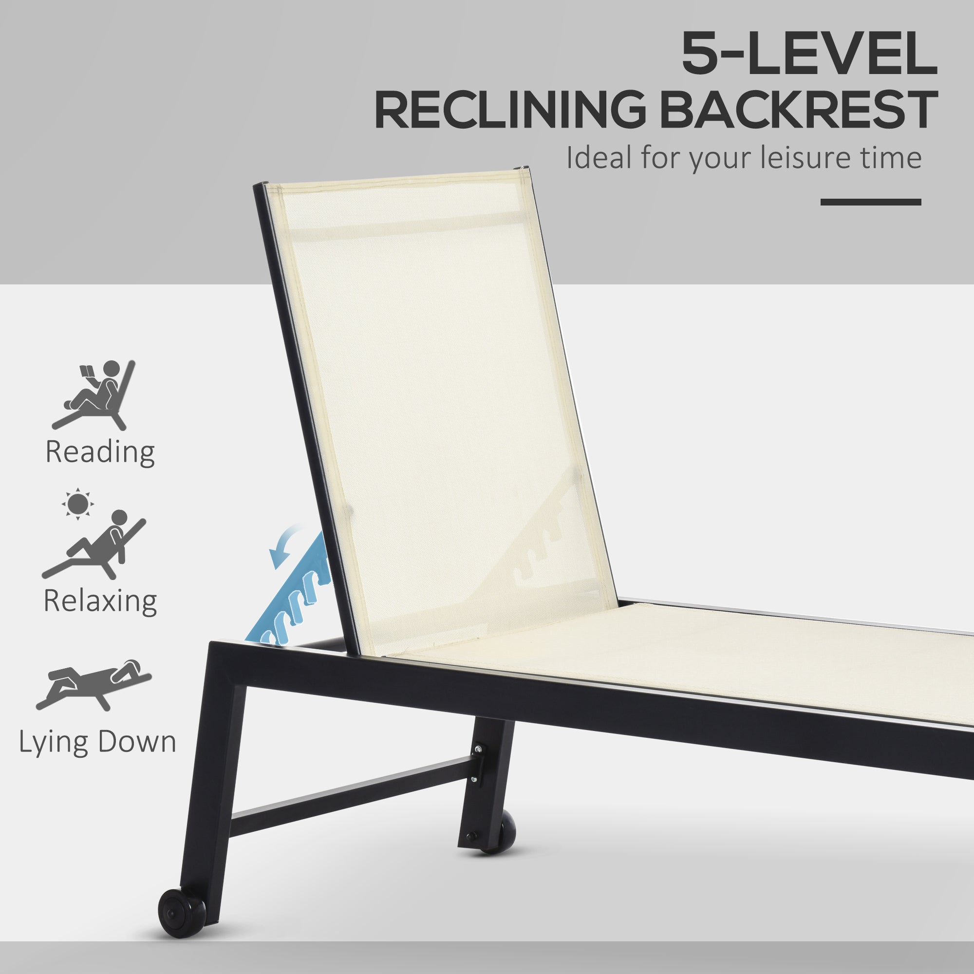 Outsunny Patio Lounge Chair Outdoor Recliner with 5-Position Backrest 2 Wheels for Poolside Beach Lawn Cream White 