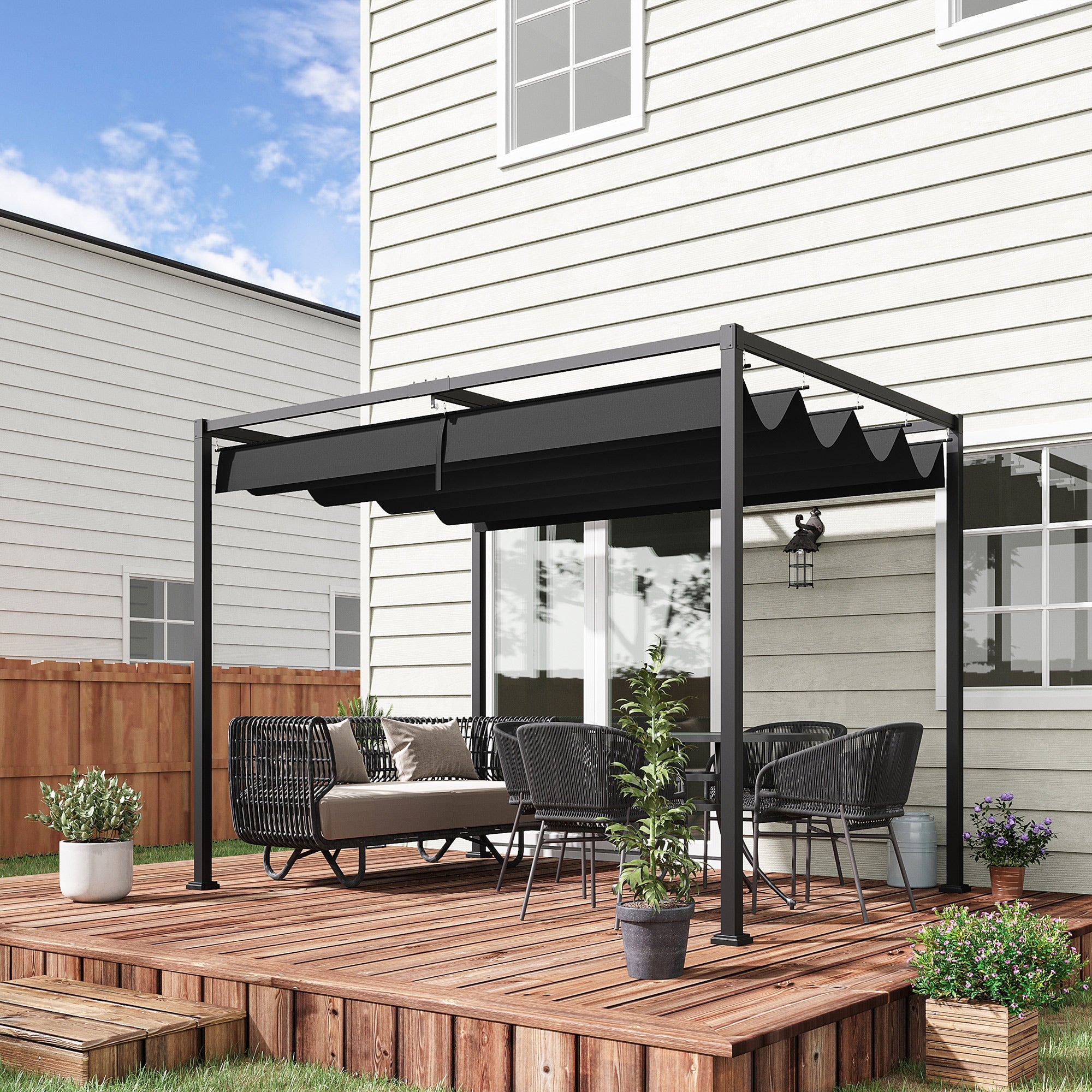 Outsunny Pergola Metal Gazebo 10'x7' Shade Shelter with Retractable Canopy Outdoor Deck Black 