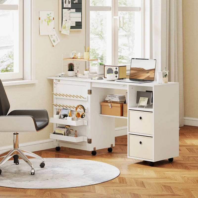 Rolling Sewing Machine Table with Power Outlet, Folding Craft Table with 2 Fabric Drawers, 2 Bins and 18 Pegs, White