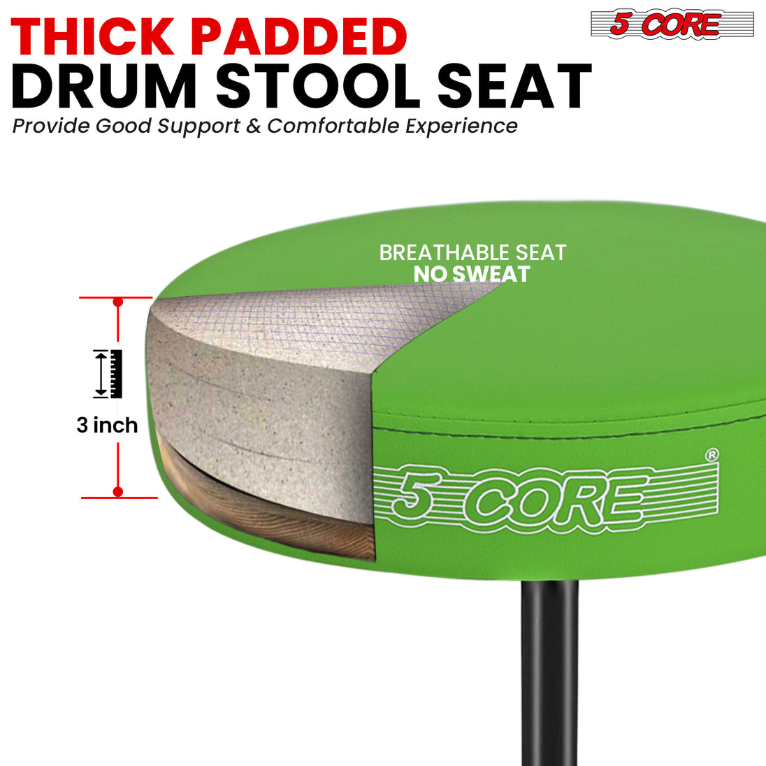 5Core Drum Throne Adjustable Guitar Stool Padded Drummer Seat for Adults & Kids GREEN