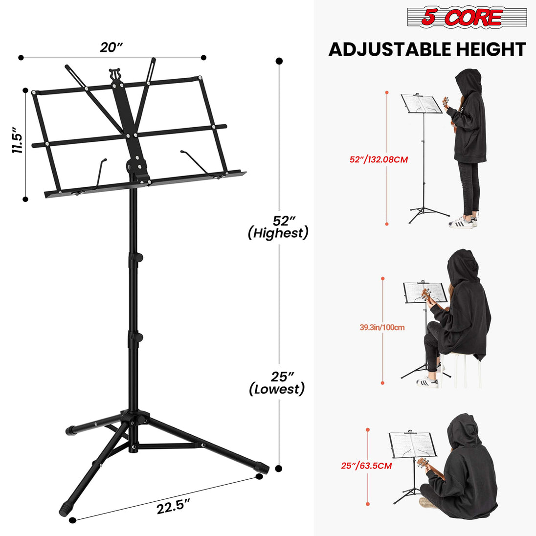 5Core Portable Music Stand for Sheet Music Adjustable Tripod Folding Note Holder Black