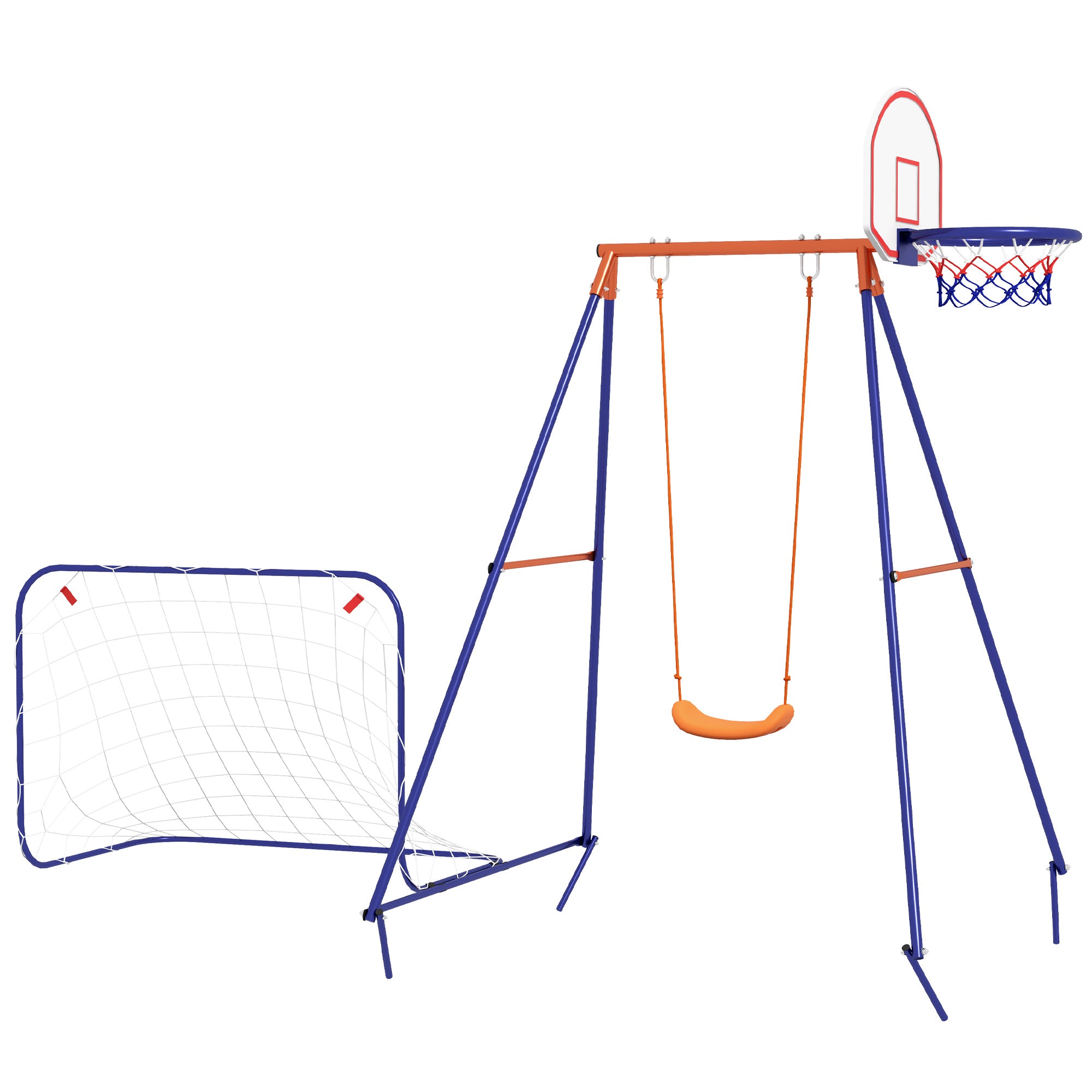 Outsunny Outdoor Kids Swing Set with Seat, Basketball Hoop, Football Goal, Secure Ground Stakes for Ages 3-8 