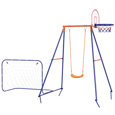 Outsunny Outdoor Kids Swing Set with Seat, Basketball Hoop, Football Goal, Secure Ground Stakes for Ages 3-8 