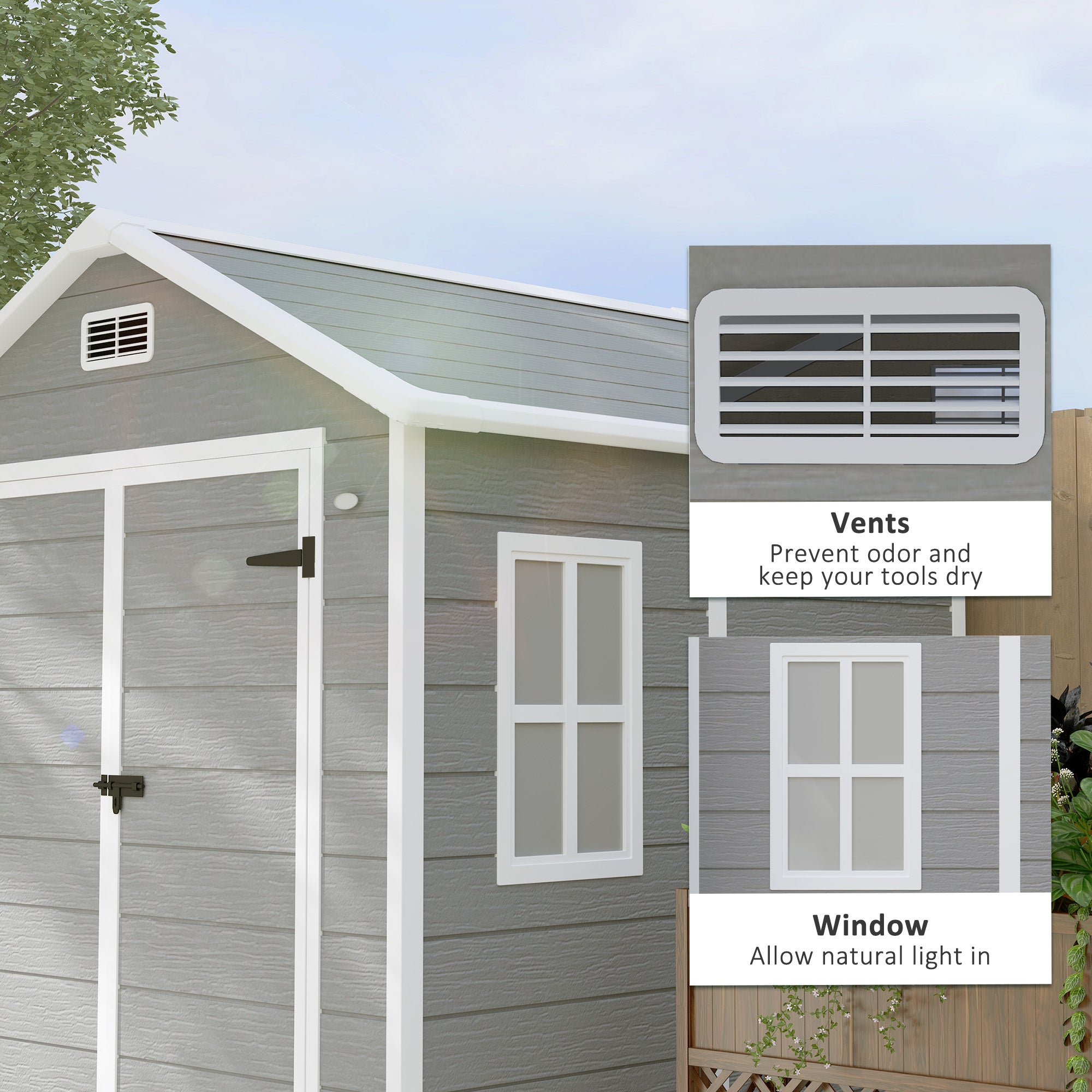 Outsunny 6' x 5' Plastic Outdoor Storage Shed, Garden Shed with Floor, Window, Lockable Doors and Vents, Wood Effect Grey 