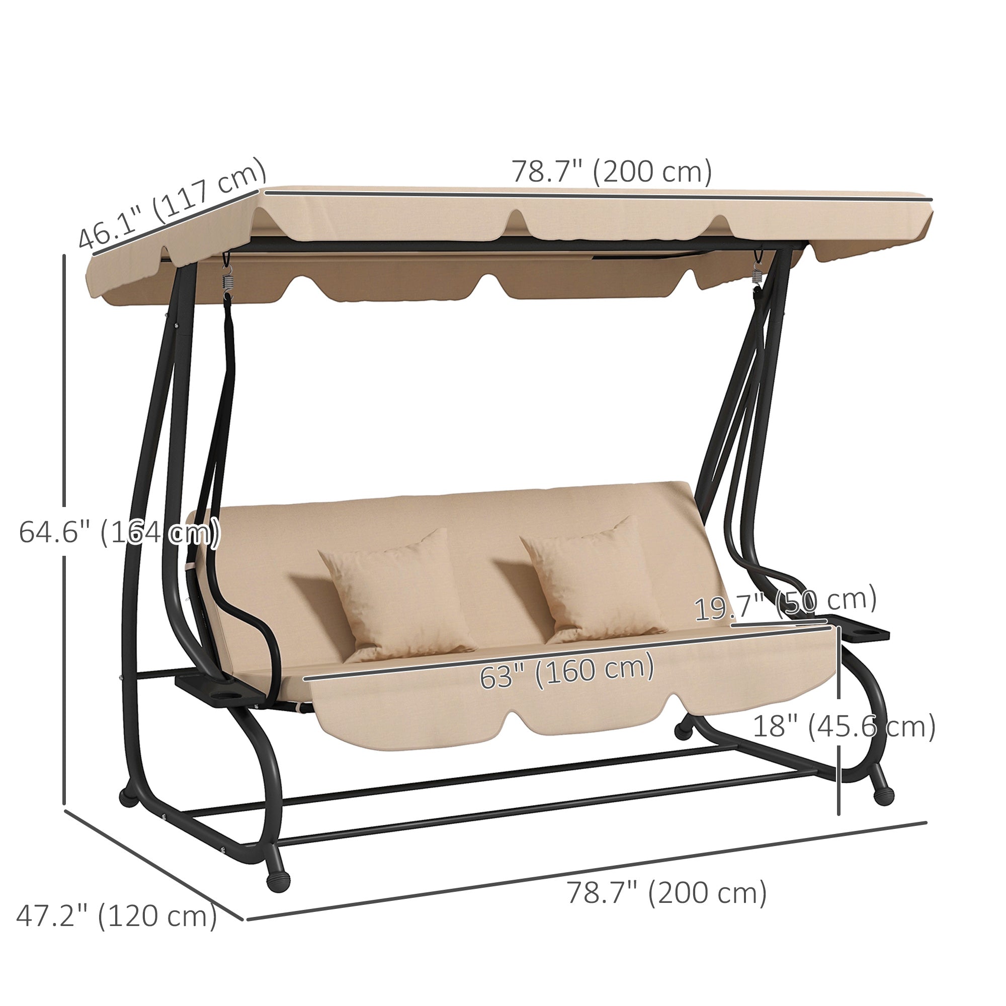 Outsunny 3-Seat Outdoor Patio Swing Chair, Converting Flat Bed, Canopy Swing with Adjustable Shade, Removable Cushions, Cup Holder, Light Brown 