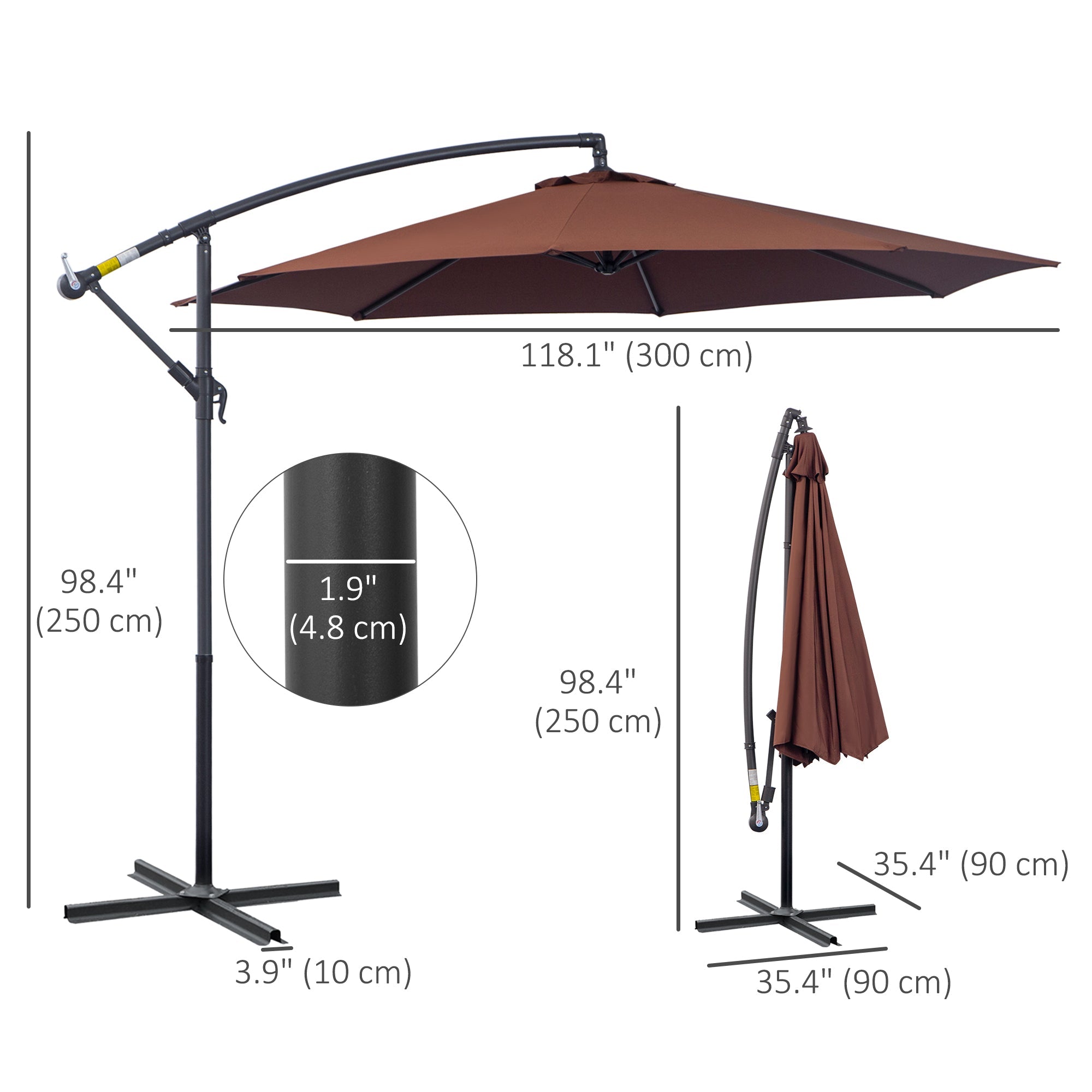 Outsunny Offset Patio Umbrella: Φ10' Deluxe Outdoor Banana Hanging Parasol with Sunshade, Crank & Base, Coffee 