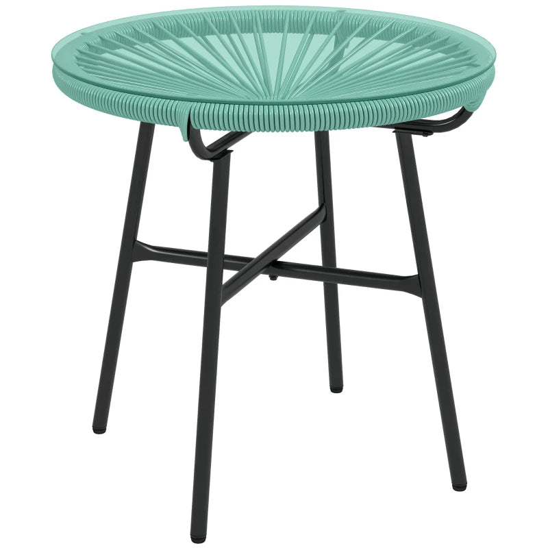 Rattan Side Table, Round Outdoor Table, with Round PE Rattan and Tempered Glass Table Top for Patio, Garden, Light Green