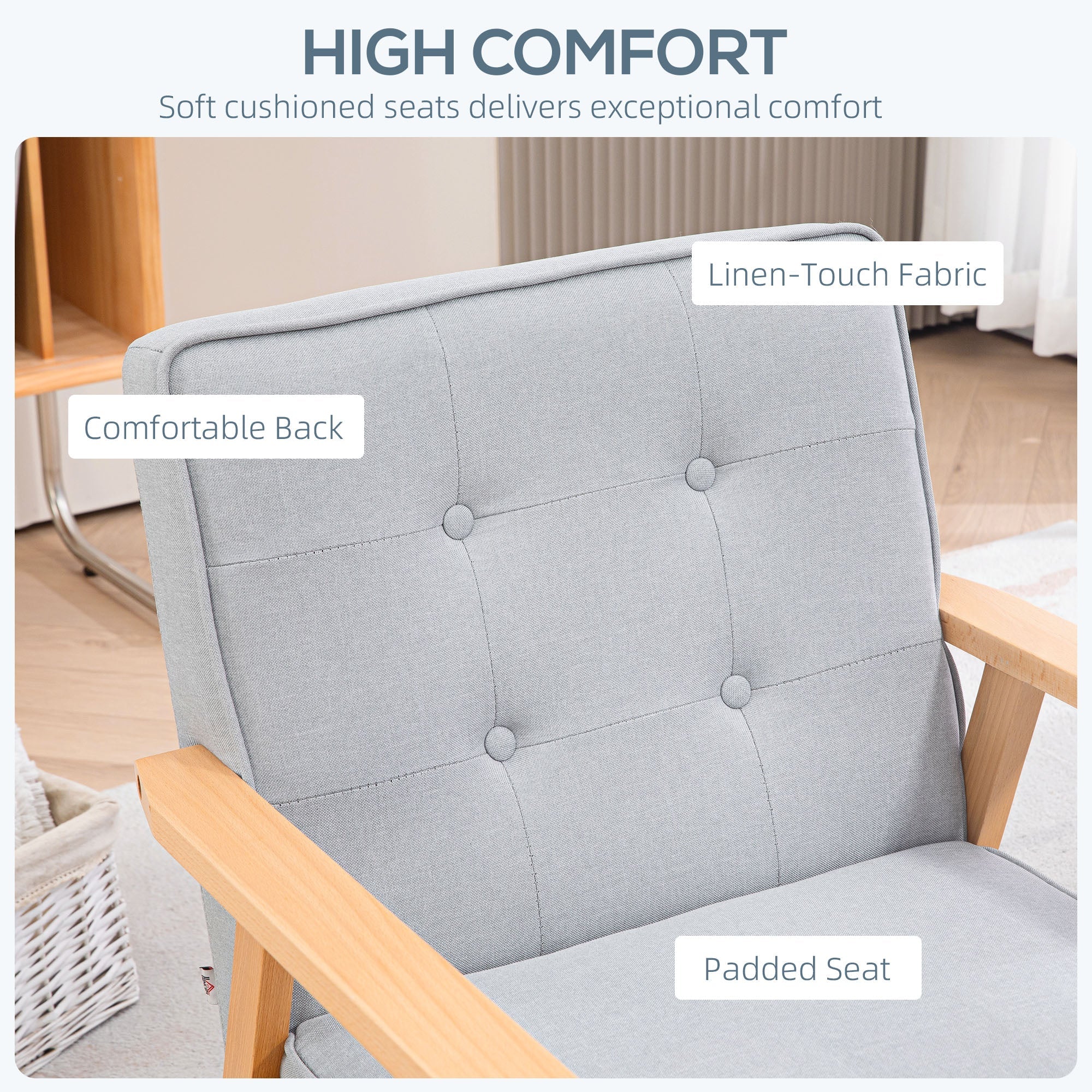 HOMCOM Modern Light Grey Fabric Accent Chair with Tufted Back Wood Legs Thick Padding for Living Room Bedroom 