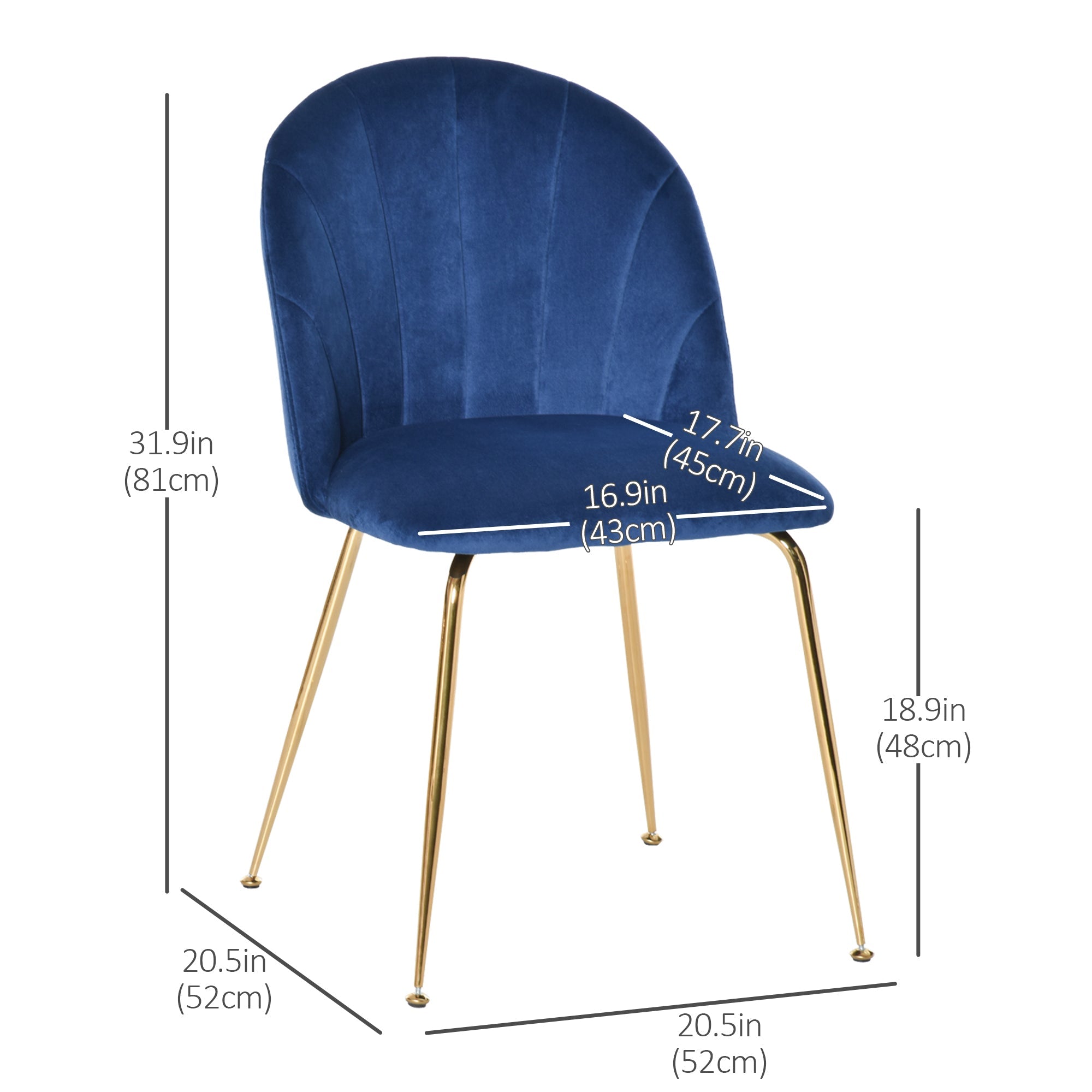 HOMCOM Modern Dining Chair Duo: Blue Velvet-Touch Fabric Accent Chairs Set of 2, with Gold Metal Legs for Stylish Seating 