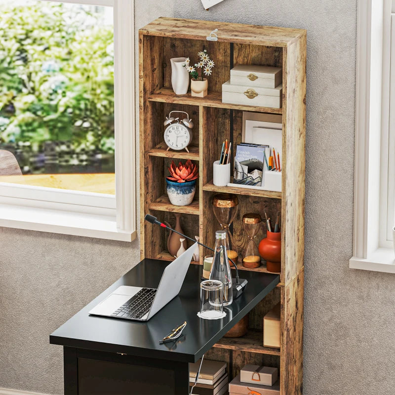 Fold-out Convertible Office Desk, Wall Mount Computer Desk with Blackboard and Side Shelf, Rustic Brown