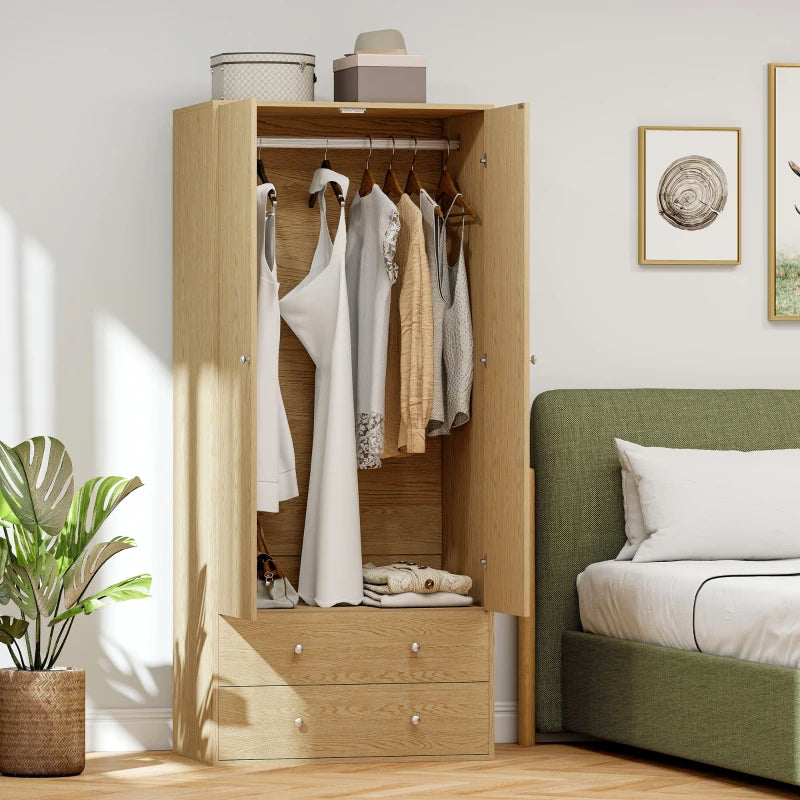 Modern Wardrobe Closet Armoire with 2 Drawers and Hanging Rod, Clothes Storage Organizer for Bedroom, Natural Wood