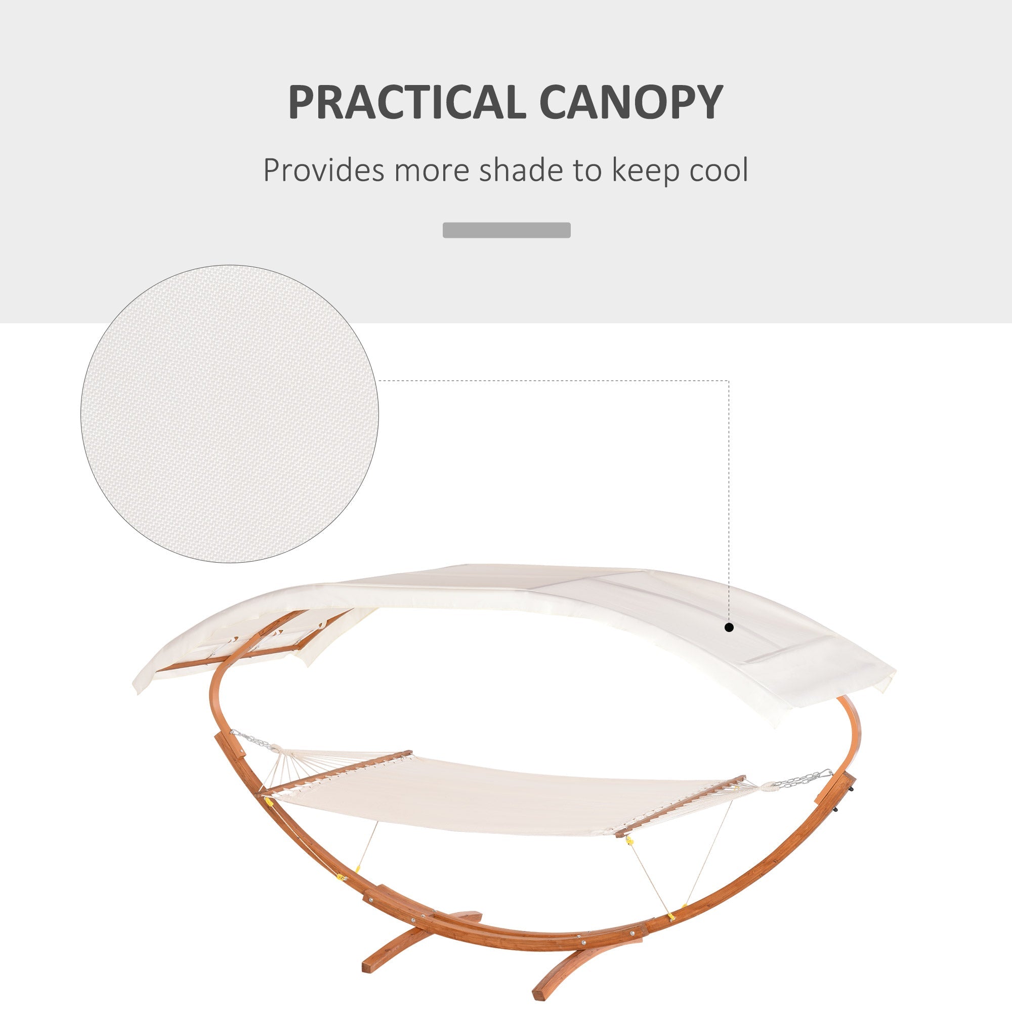 Outsunny 2 Person Wood Swing Arc Hammock Bed and Stand Set with Canopy, White/Teak 