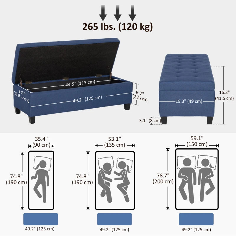 Rectangular Entry Bench, Tufted Upholstered Linen Fabric Wood Feet Storage Ottoman Bench, Blue