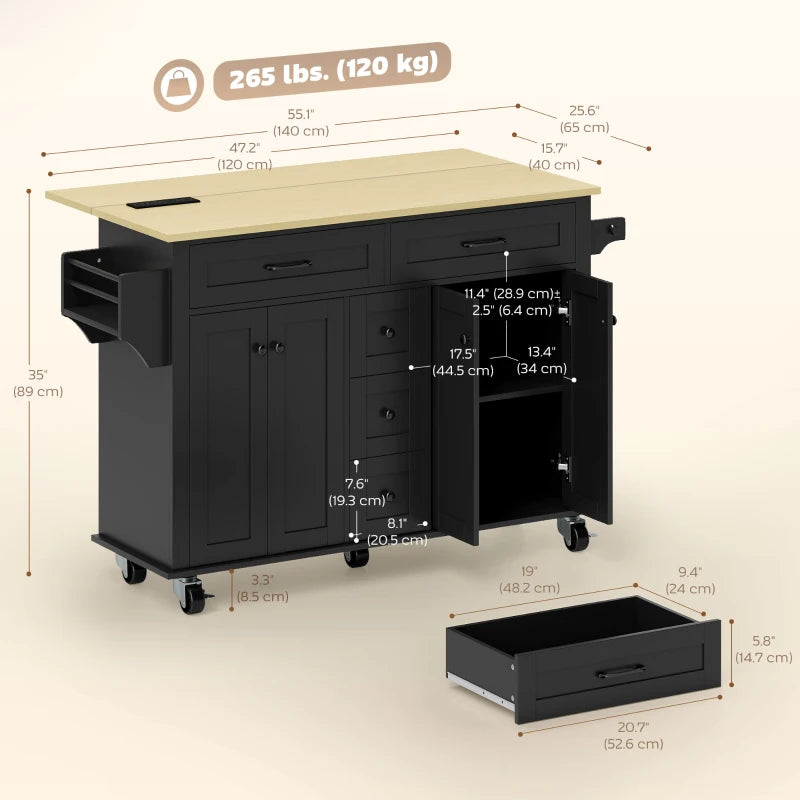 Kitchen Island Cart with Power Outlet & Drop Leaf, 55" Rolling Kitchen Island on Wheels with Storage, Black