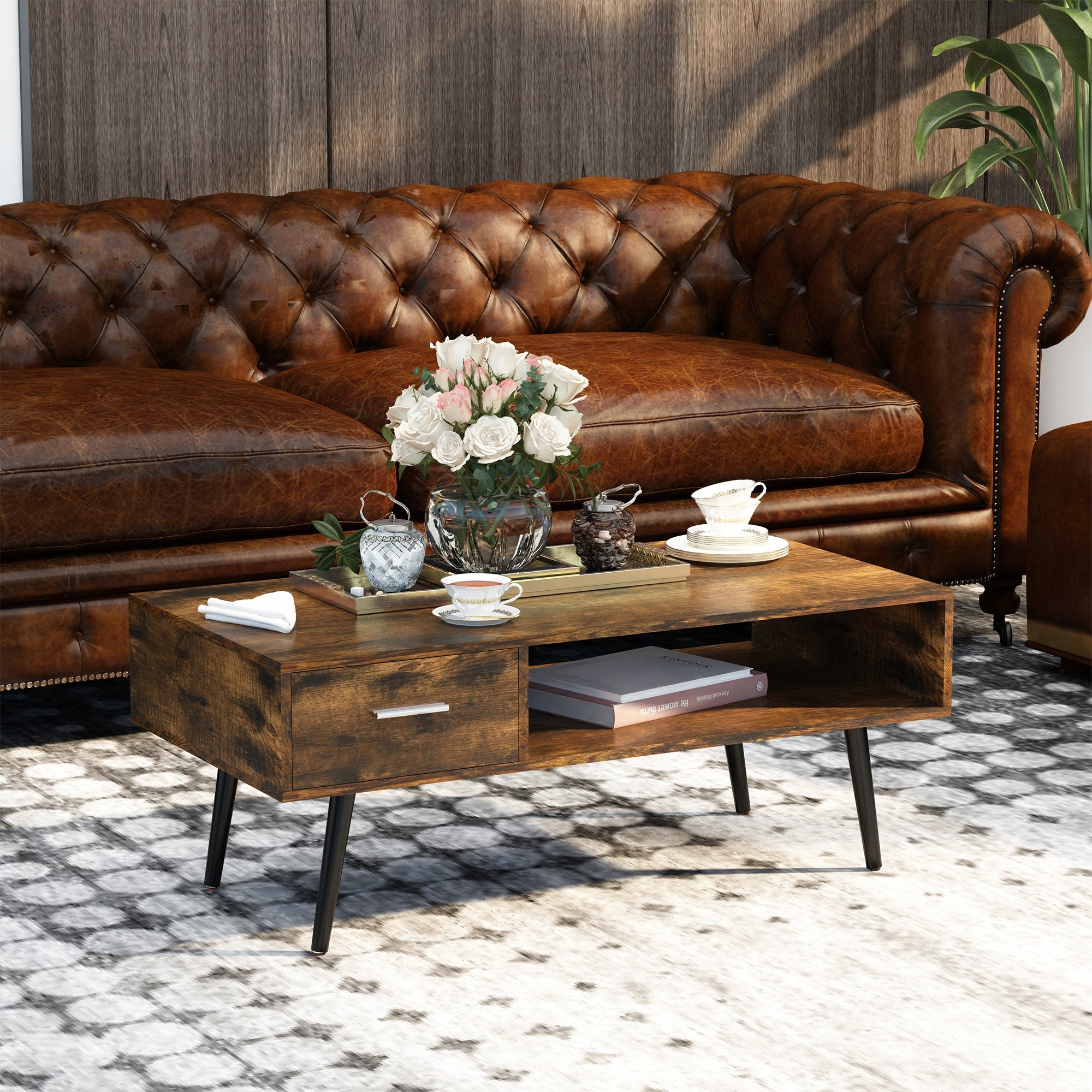 HOMCOM Rustic Brown Retro Coffee Table: Vintage Wooden Center Table with Storage Shelf and Drawer for Living Room 