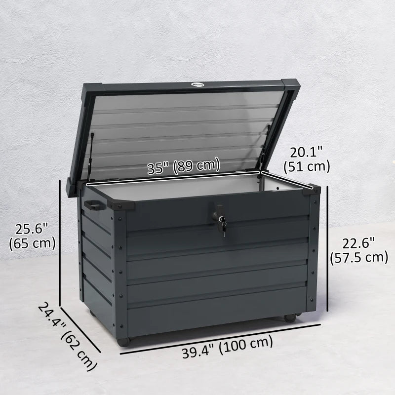 78 Gallon Garden Storage Box, Waterproof Outdoor Storage Container with Wheels and Handles, Dark Grey
