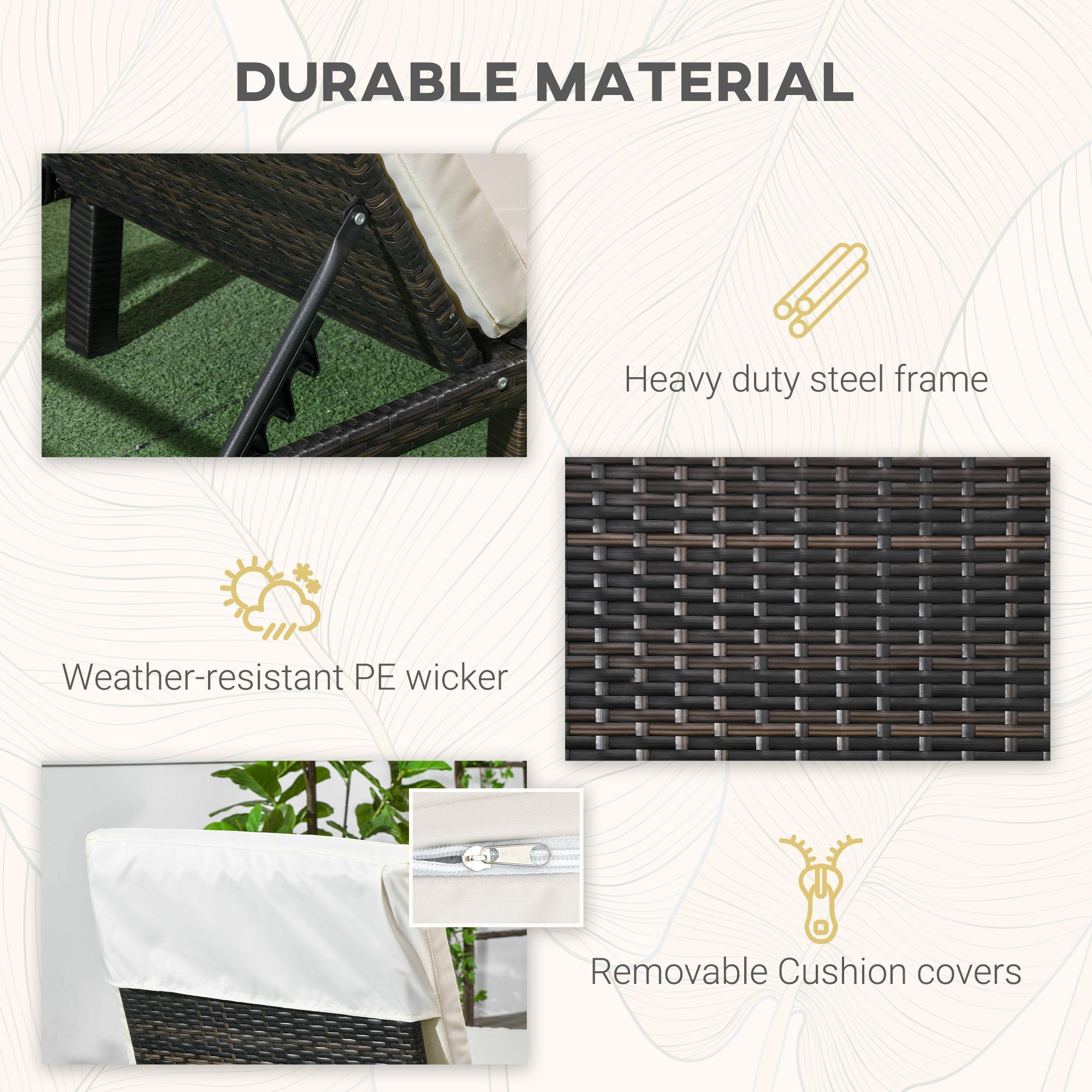 Outsunny Outdoor Chaise Lounge Patio Lounger 5-Level Adjustable Backrest Headrest Poolside Garden Backyard Cream White Color 