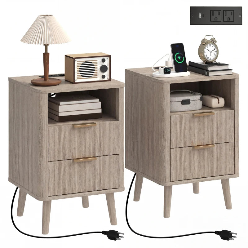 Nightstands Set of 2, Modern Bedside Tables with Charging Station, 2 Drawers and Open Shelf, Grey