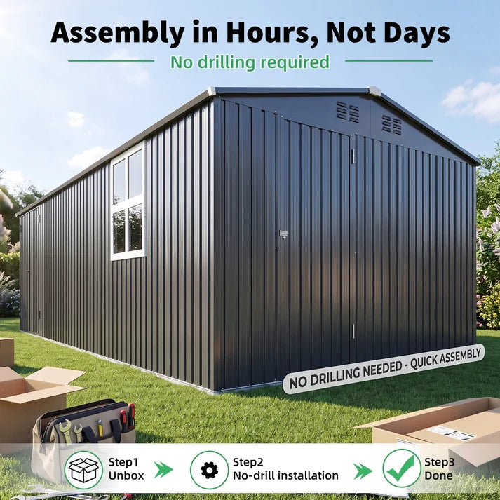 YODOLLA 10' x 20' Outdoor Storage Shed, Large Metal Garden Shed with Windows & Double Doors