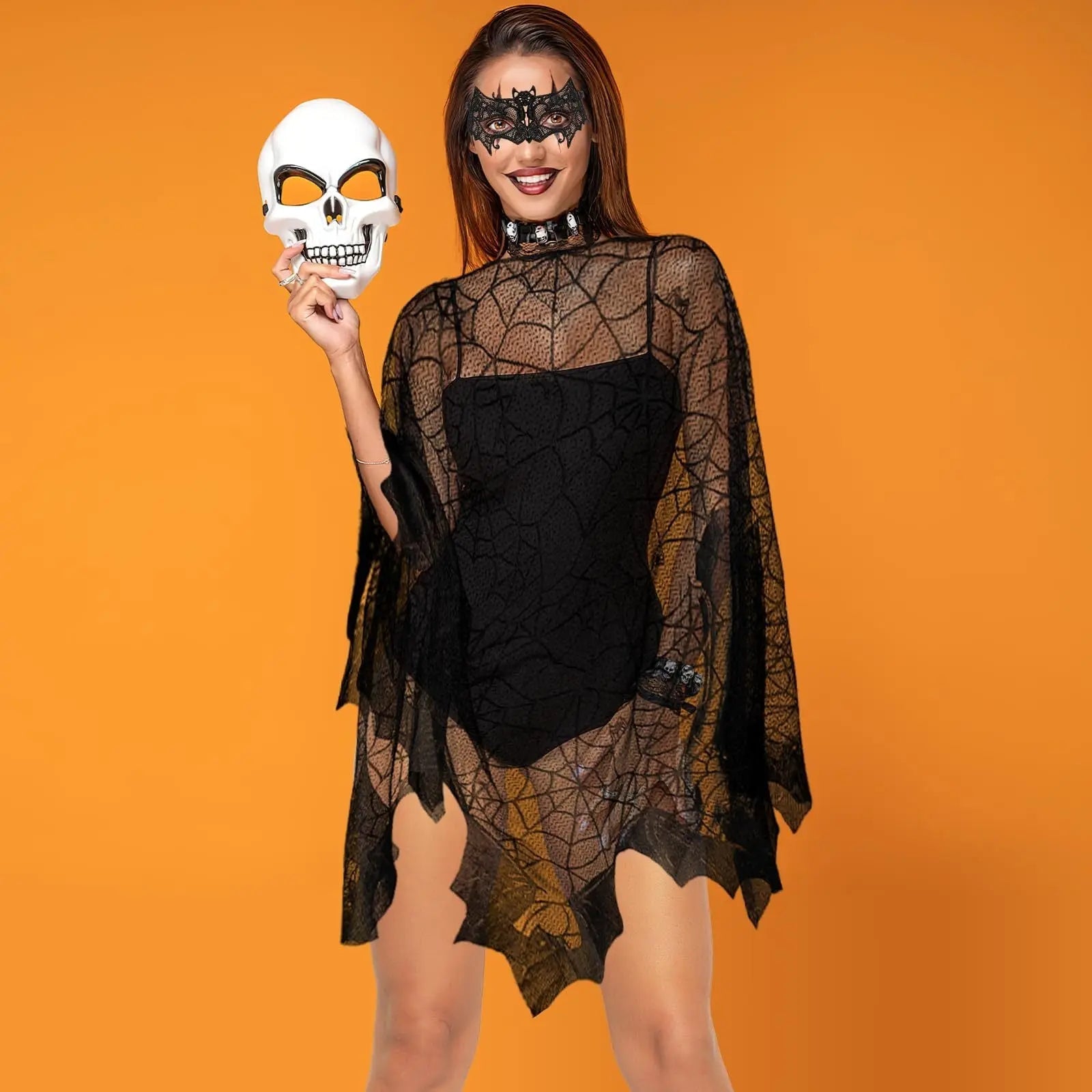 2 Pcs Halloween Poncho For Women Black Bat Spider Web Poncho And Lace Mask Masquerade Mask Halloween Party Cosplay Costume Accessory Day Of The Dead Costume,Cannot Be Listed On Amazon Platform 