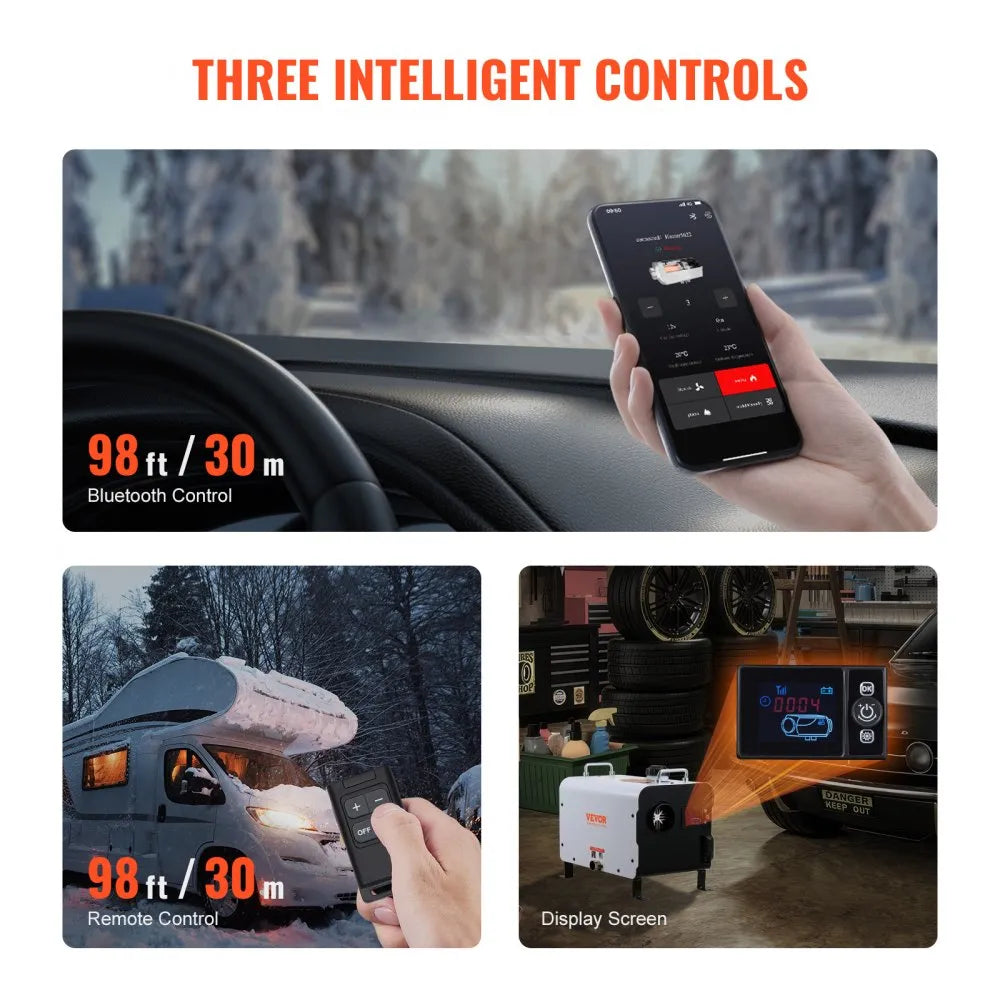 VEVOR 8KW Diesel Heater, 12V/24V All-in-One Air Heater, Bluetooth App, Remote & Display, CO Alarm, Fast Heating Horizontal Portable Heater for Vehicles & Garage 