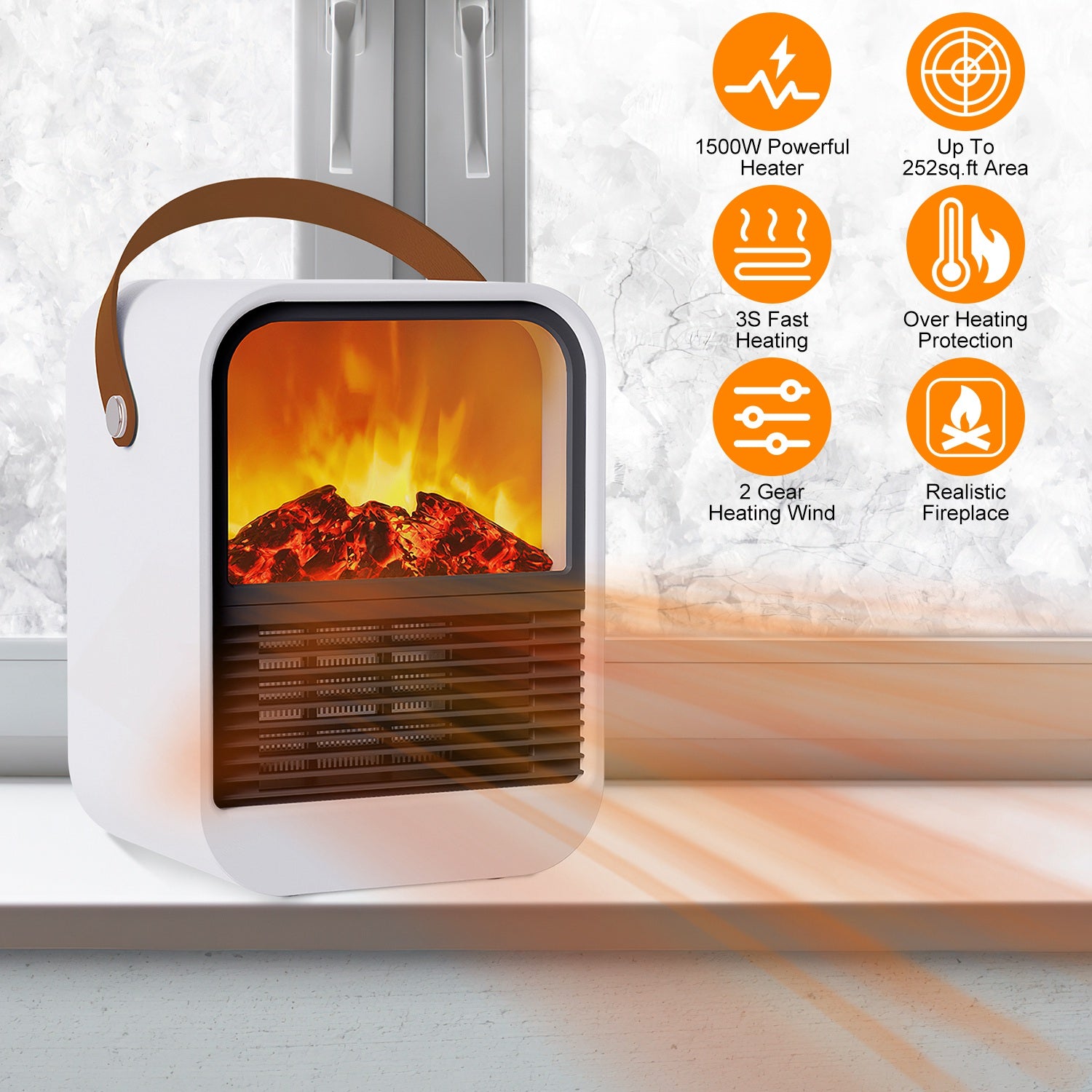 1500W Portable Electric Fireplace Heater 2 Gear Temperature PTC Ceramic Space Heater with Realistic Burning Flame Overheating Tip Over Protection 3S H 