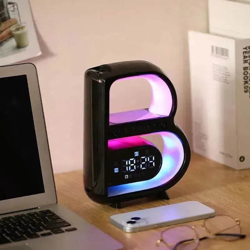 2025 New B-Shaped Portable Bluetooth Speaker Multifunctional Smart Music Rhythm LED Lighting Phone Wireless Charger TF Card AUX Input Standard Mode 