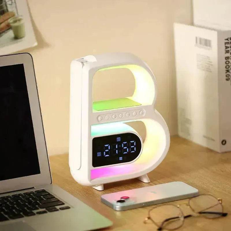 2025 New B-Shaped Portable Bluetooth Speaker Multifunctional Smart Music Rhythm LED Lighting Phone Wireless Charger TF Card AUX Input Standard Mode 