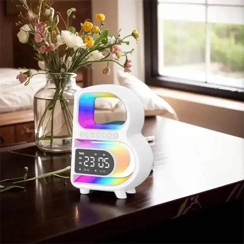 2025 New B-Shaped Portable Bluetooth Speaker Multifunctional Smart Music Rhythm LED Lighting Phone Wireless Charger TF Card AUX Input Standard Mode 