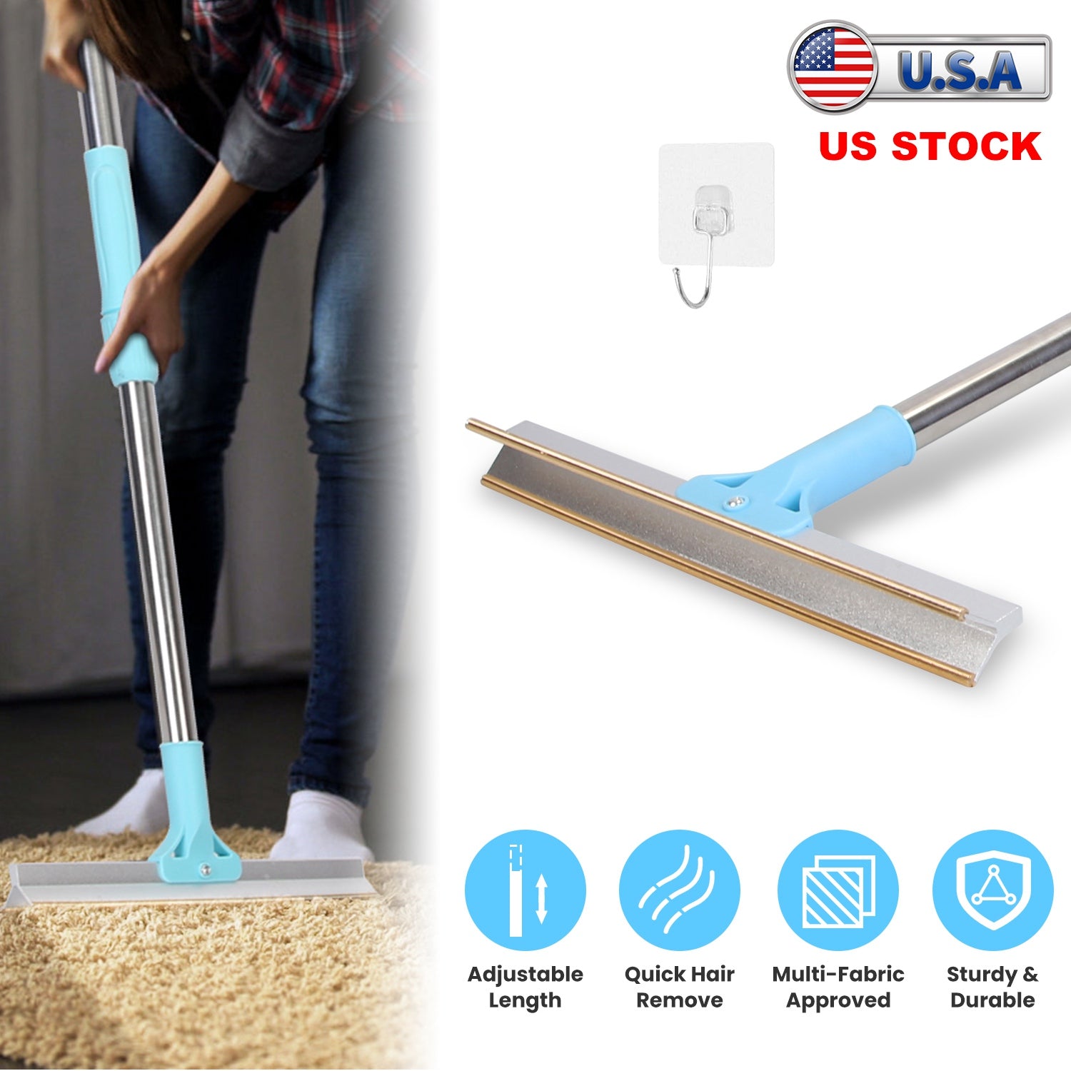 Pet Hair Removal Rake With 54.33in Adjustable Telescopic Rod Multi-Fabric Dog Cat Hair Scraper Lint Shaver For Carpet Rug Clothes Couch