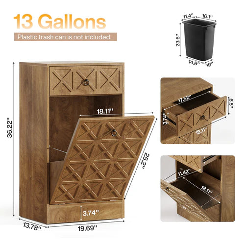 13 Gallons Tilt-Out Trash Can Cabinet with Drawer Wooden Hidden Garbage Bin Organizer for Kitchen Laundry Room Brown