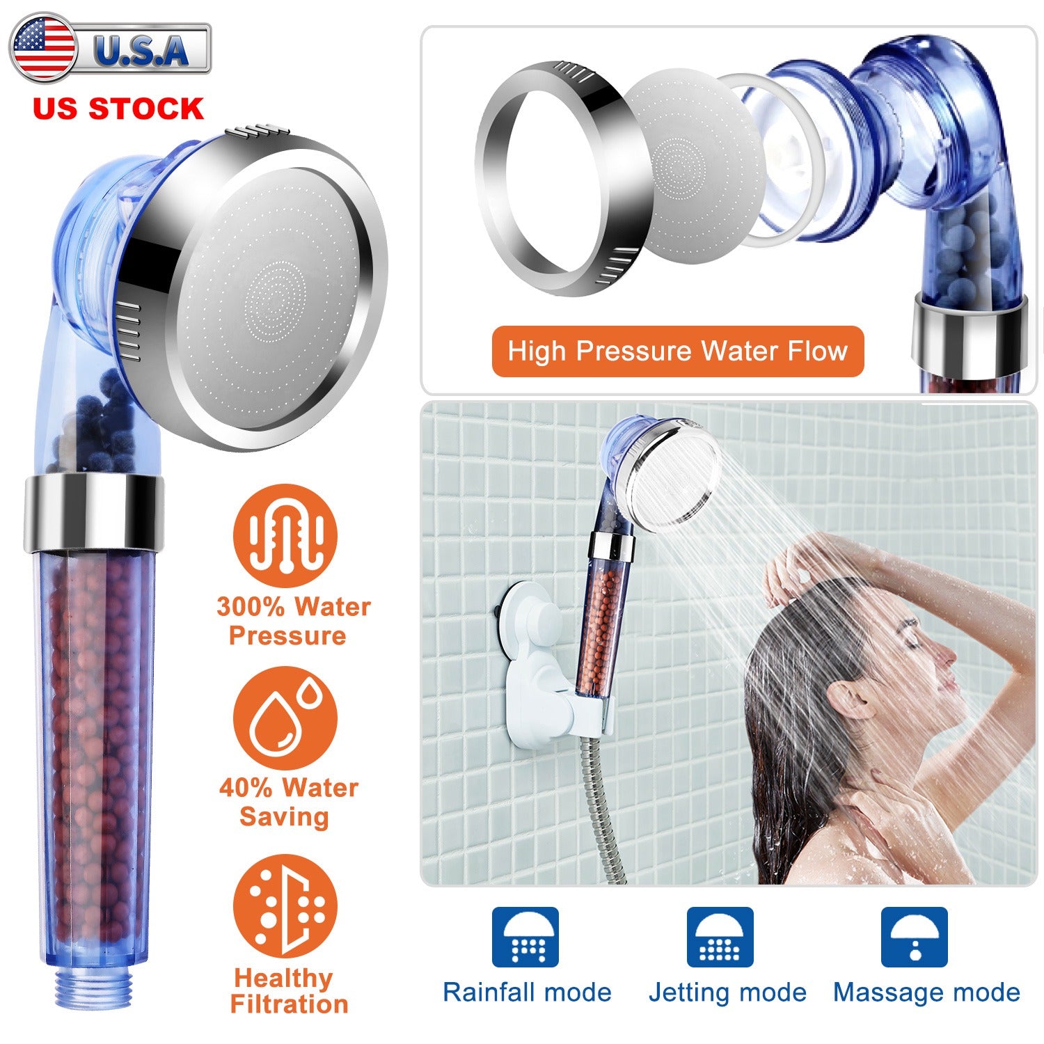 Ionic Filtration Shower Head High Pressure 3 Mode Stone Water Saving Bath Handheld Shower 