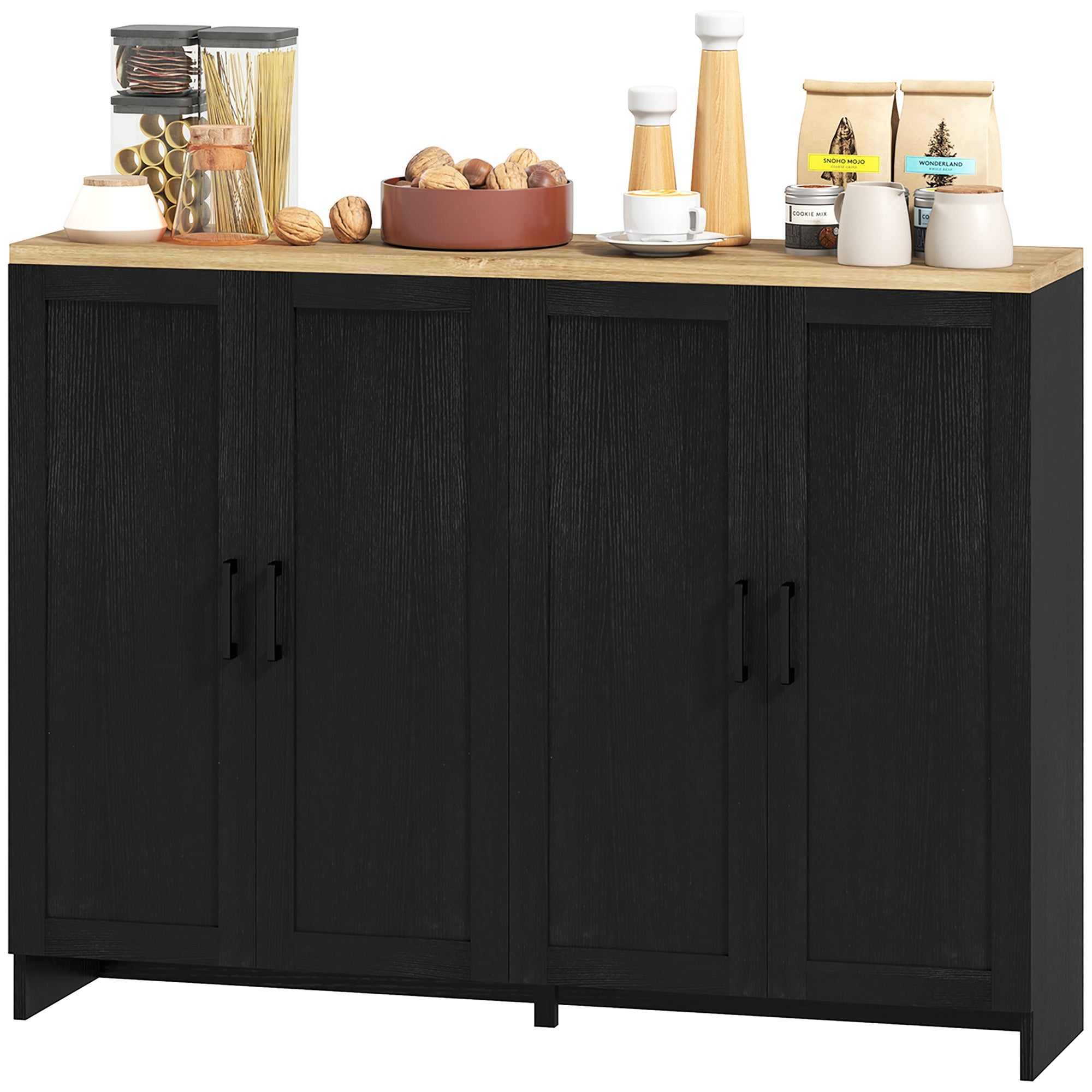 HOMCOM Modern Sideboard Buffet Cabinet, Modern Kitchen Storage Cabinet with 4 Doors Adjustable Shelves, for Dining Room, Black 